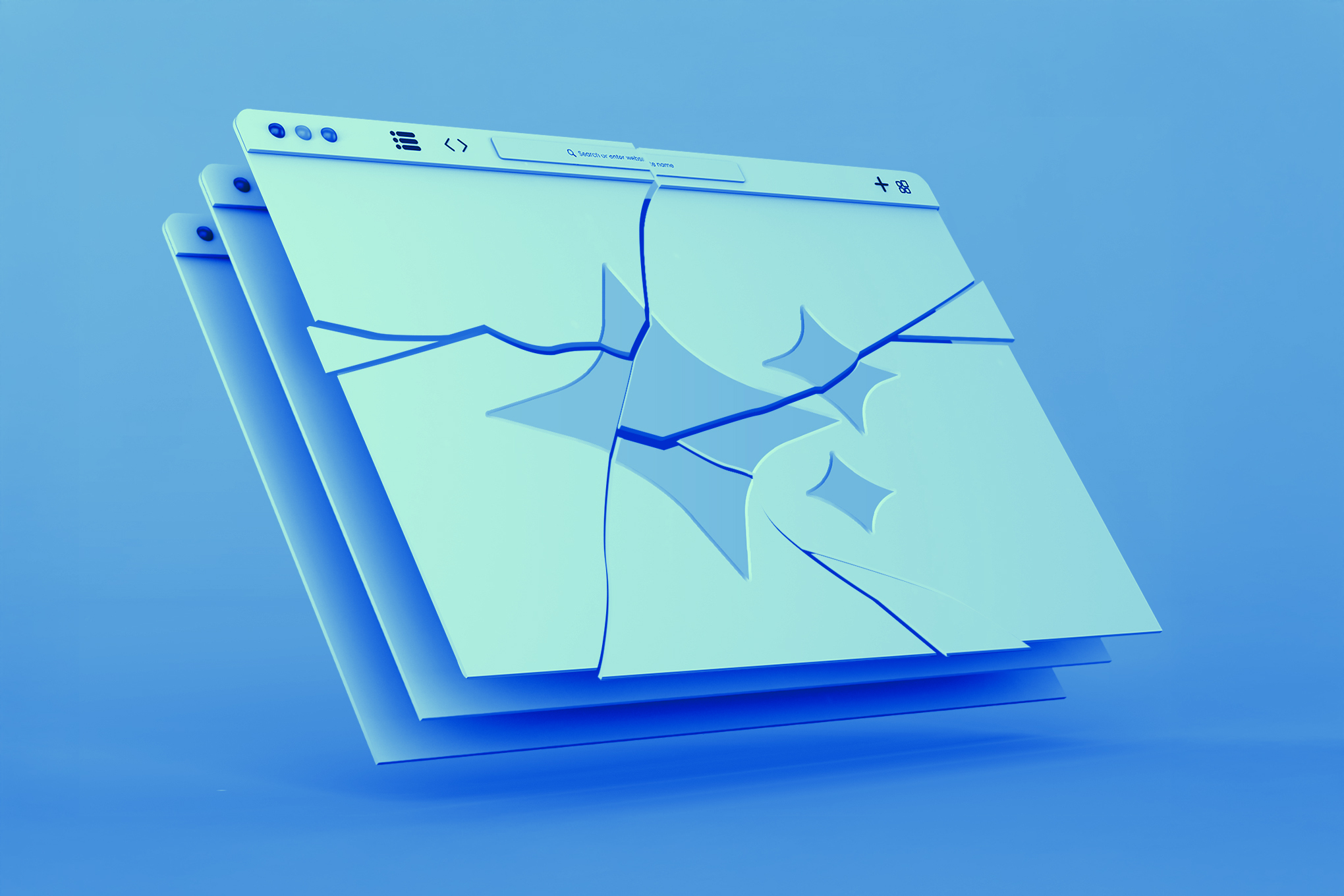 Illustration of cracked browser windows showing the AI sparkle 