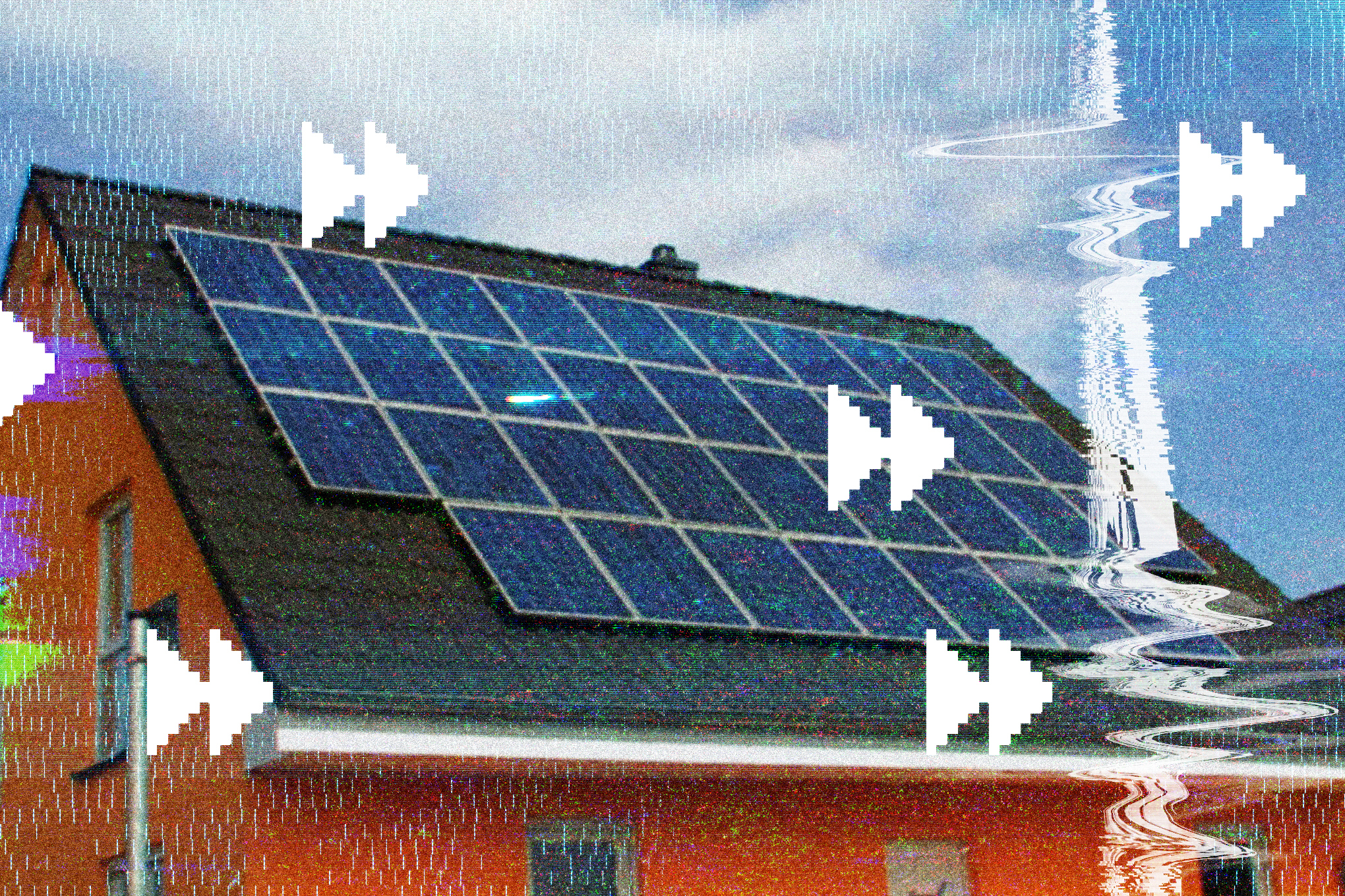 Art depicts solar panels on a home rooftop.