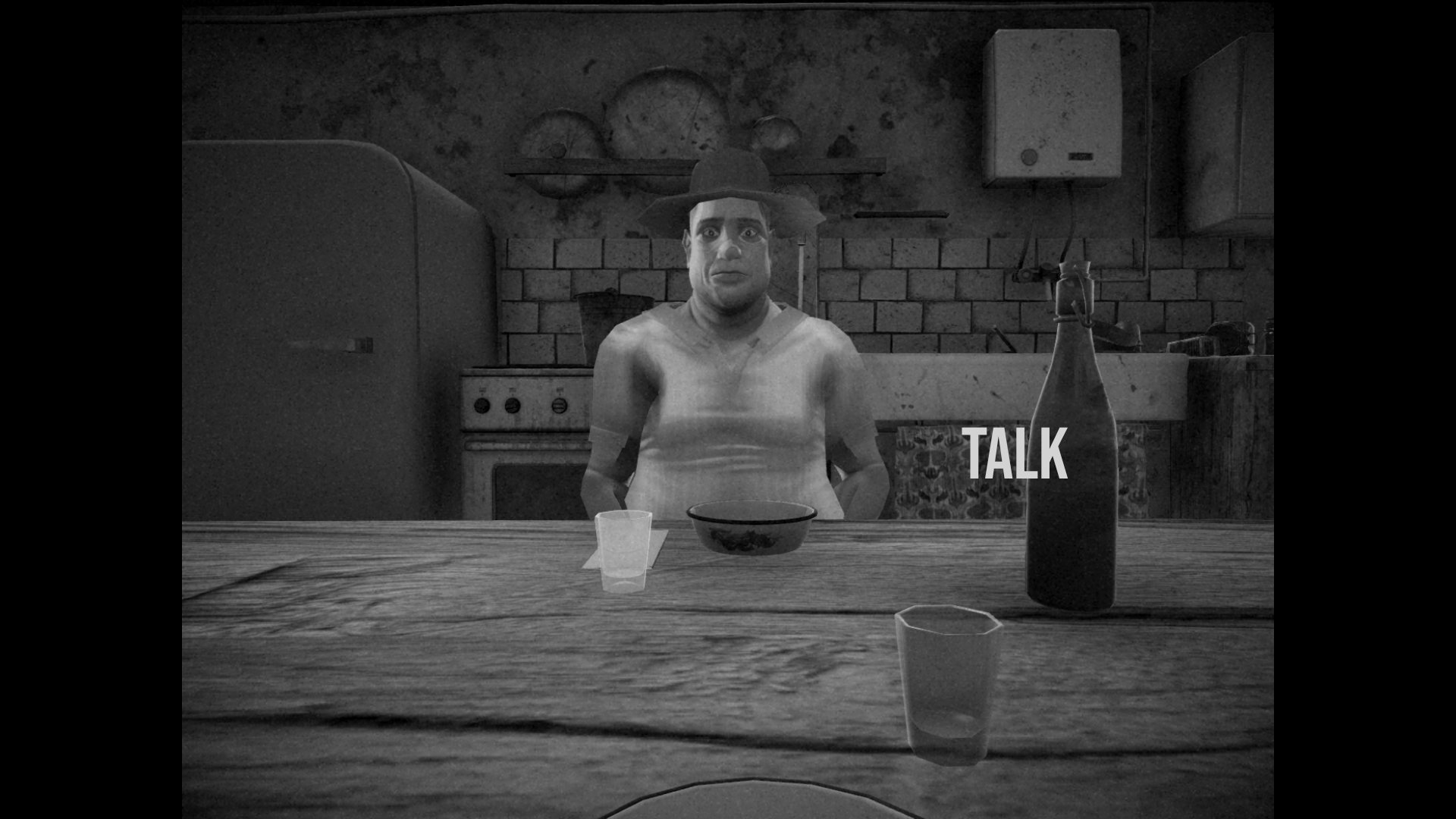 Black and white screenshot from Horses featuring a man staring wide-eyed at the viewer.