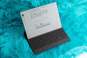 An image of the tablet in laptop mode.