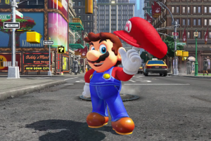 Super Mario in the middle of a street holding his cap.