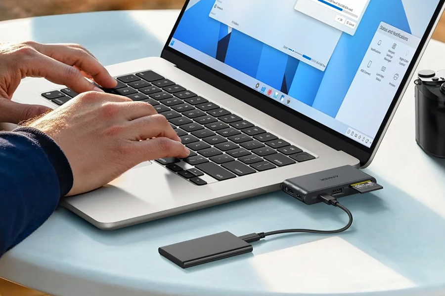 An Anker USB-C hub connected to a laptop.