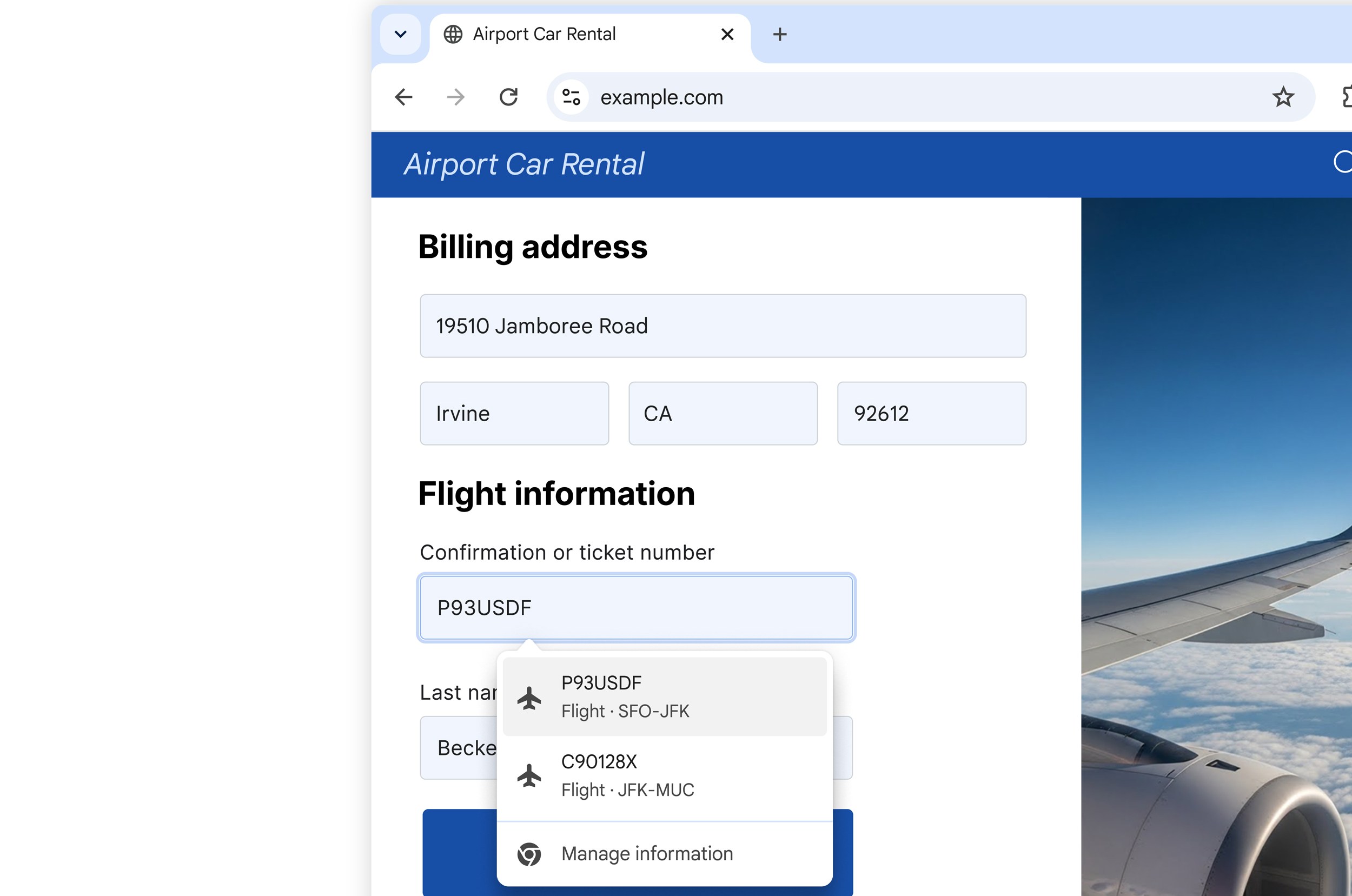 A screenshot showing Chrome autofilling flight data from Google Wallet.