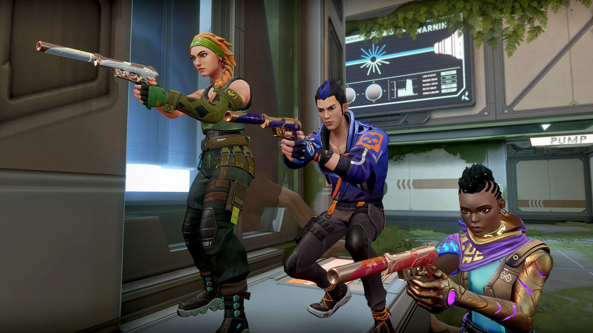 A screenshot from Valorant featuring three characters aiming guns offscreen.