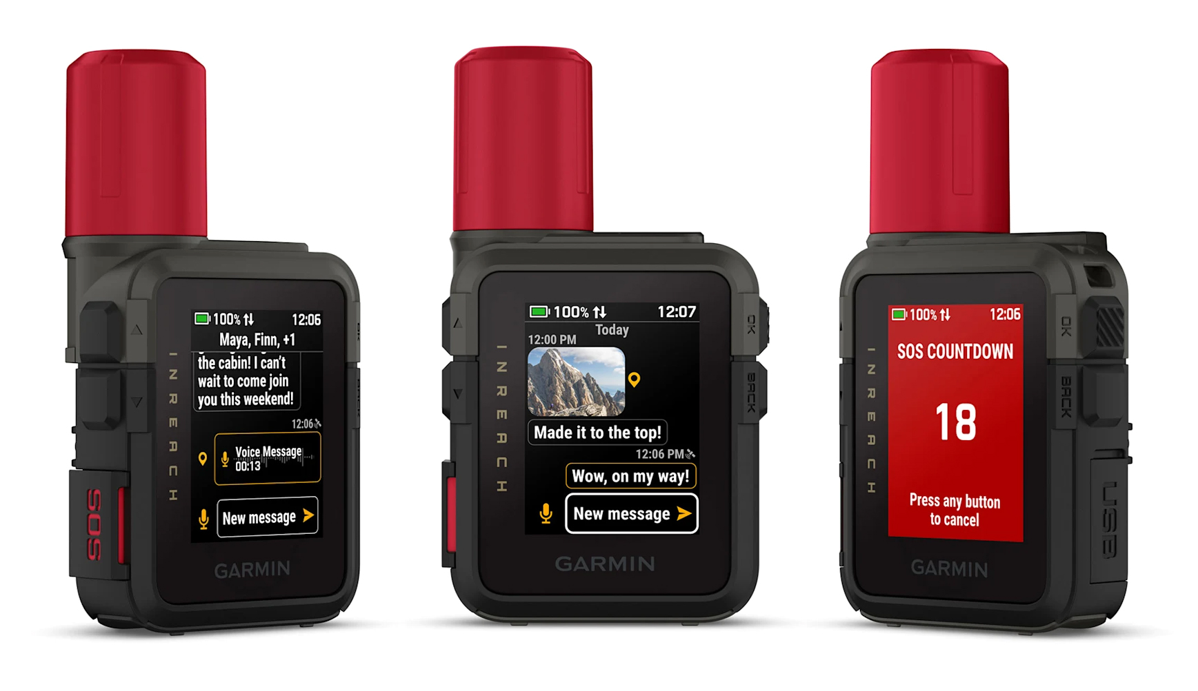 The Garmin inReach Mini 3 Plus satellite communicator from three different angles.