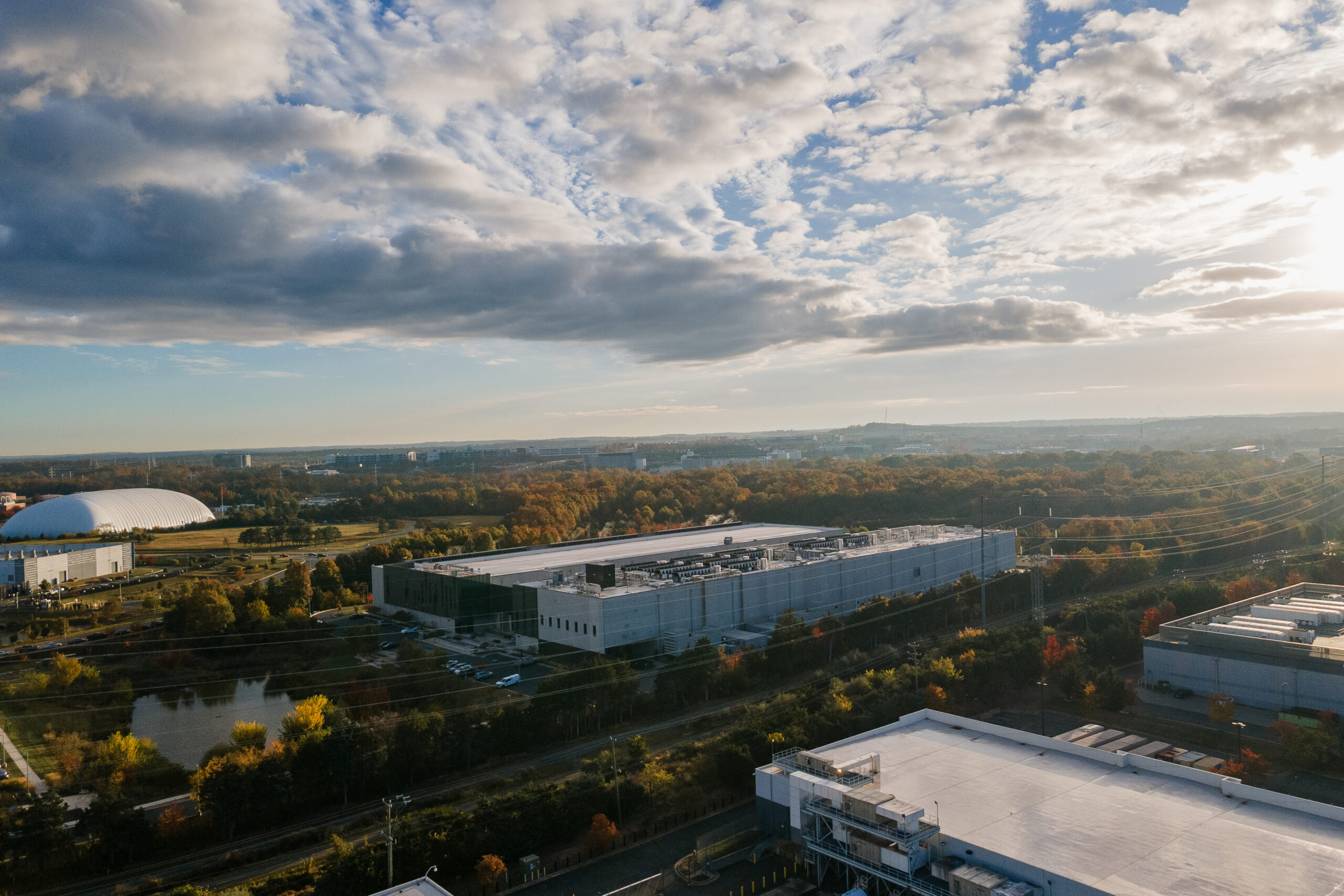 An aerial view of a large data center facility.
