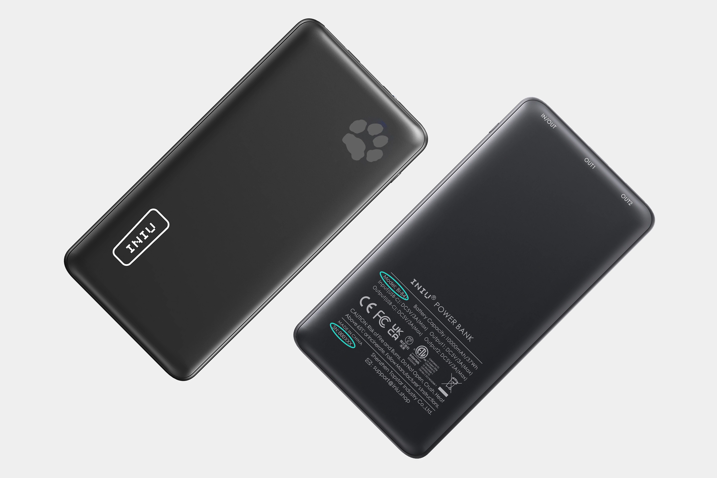 The front and back of a recalled power bank from INIU.