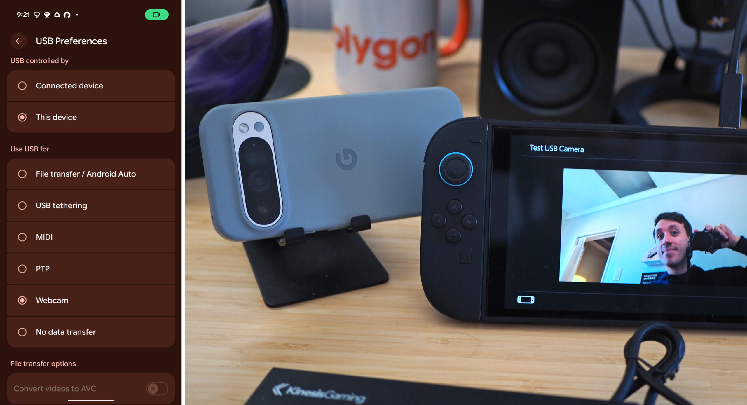 A screenshot of Android USB settings next to a photo of a Google Pixel phone being used as a webcam with the Switch 2.