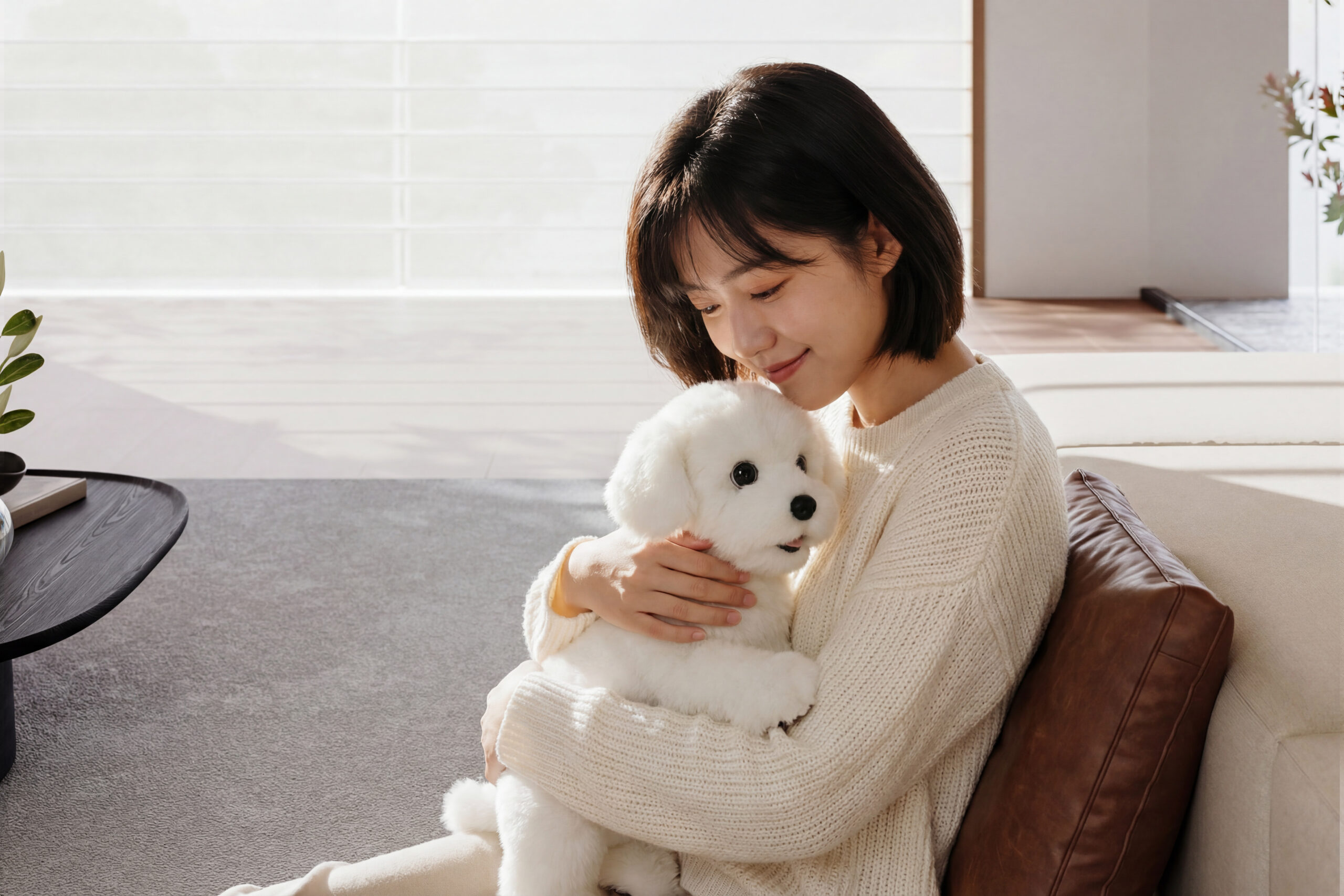 A woman on a sofa cuddling a white, fluffy robot dog. 