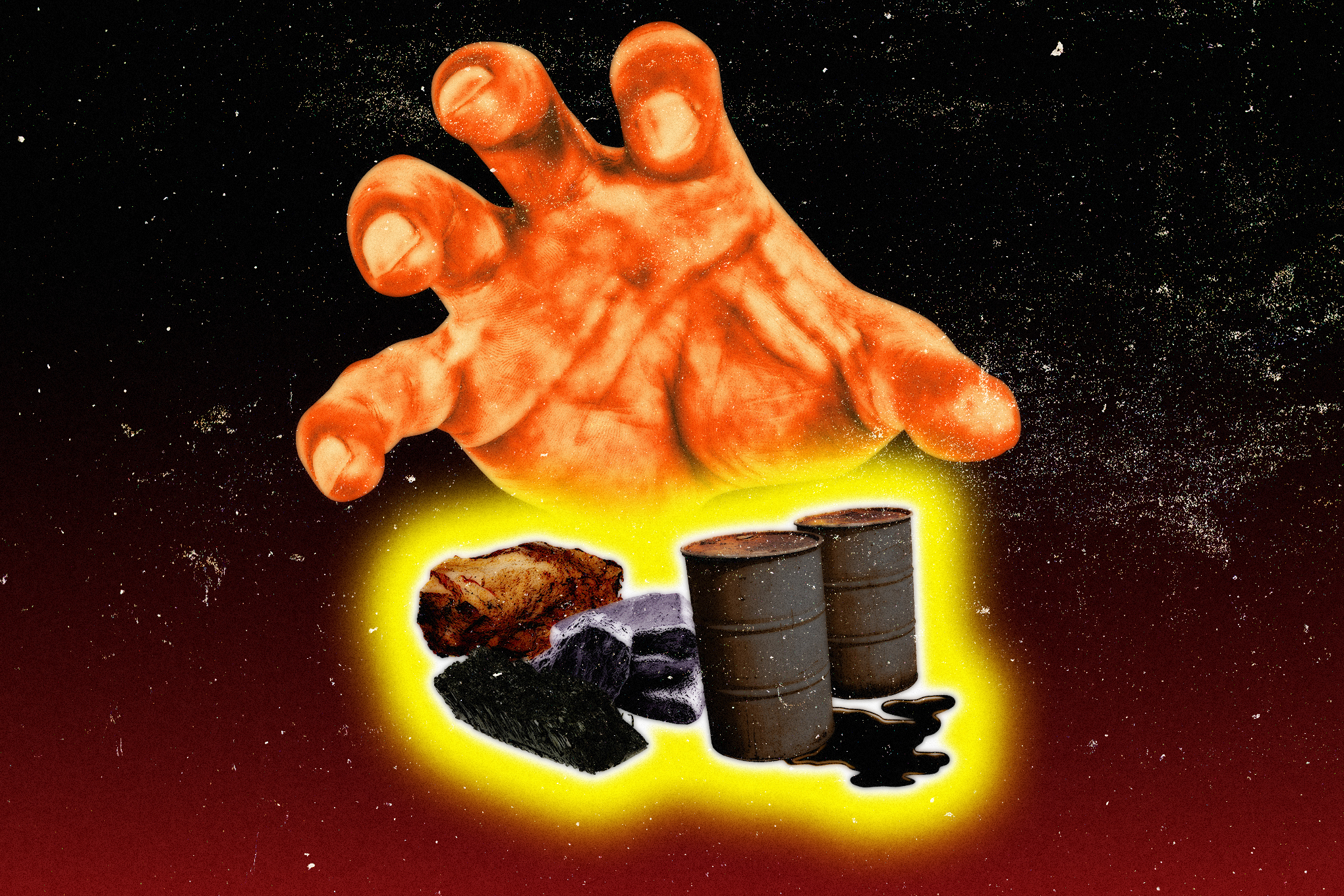 Art depicts a large hand hovering over barrels of oils and minerals as if to grab them. 