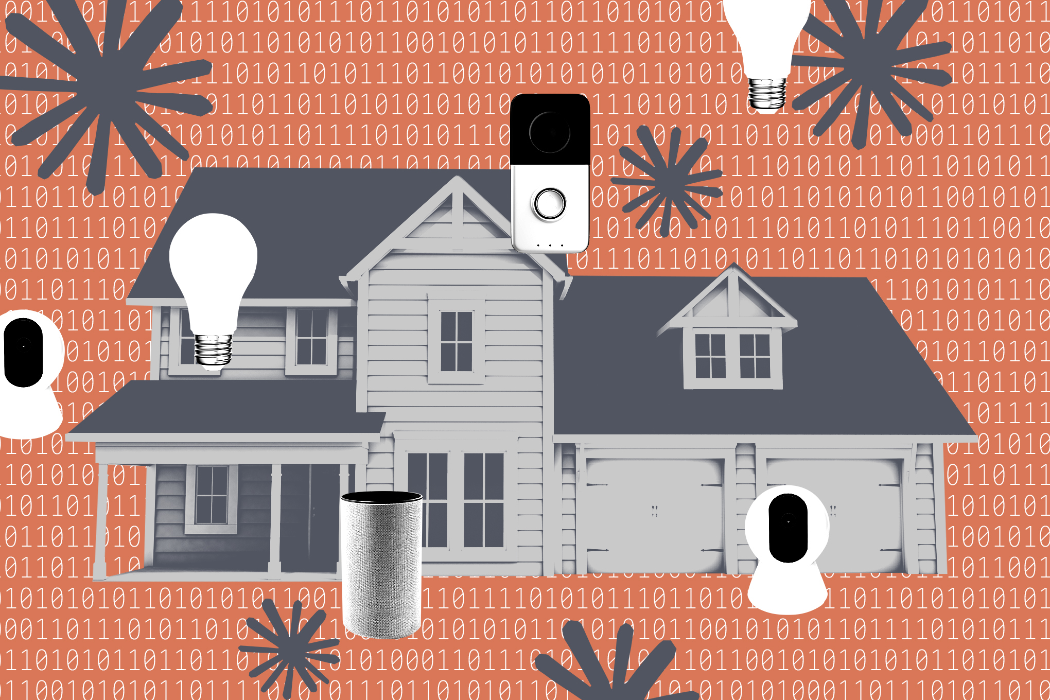 An illustration of a house with binary code in the background.