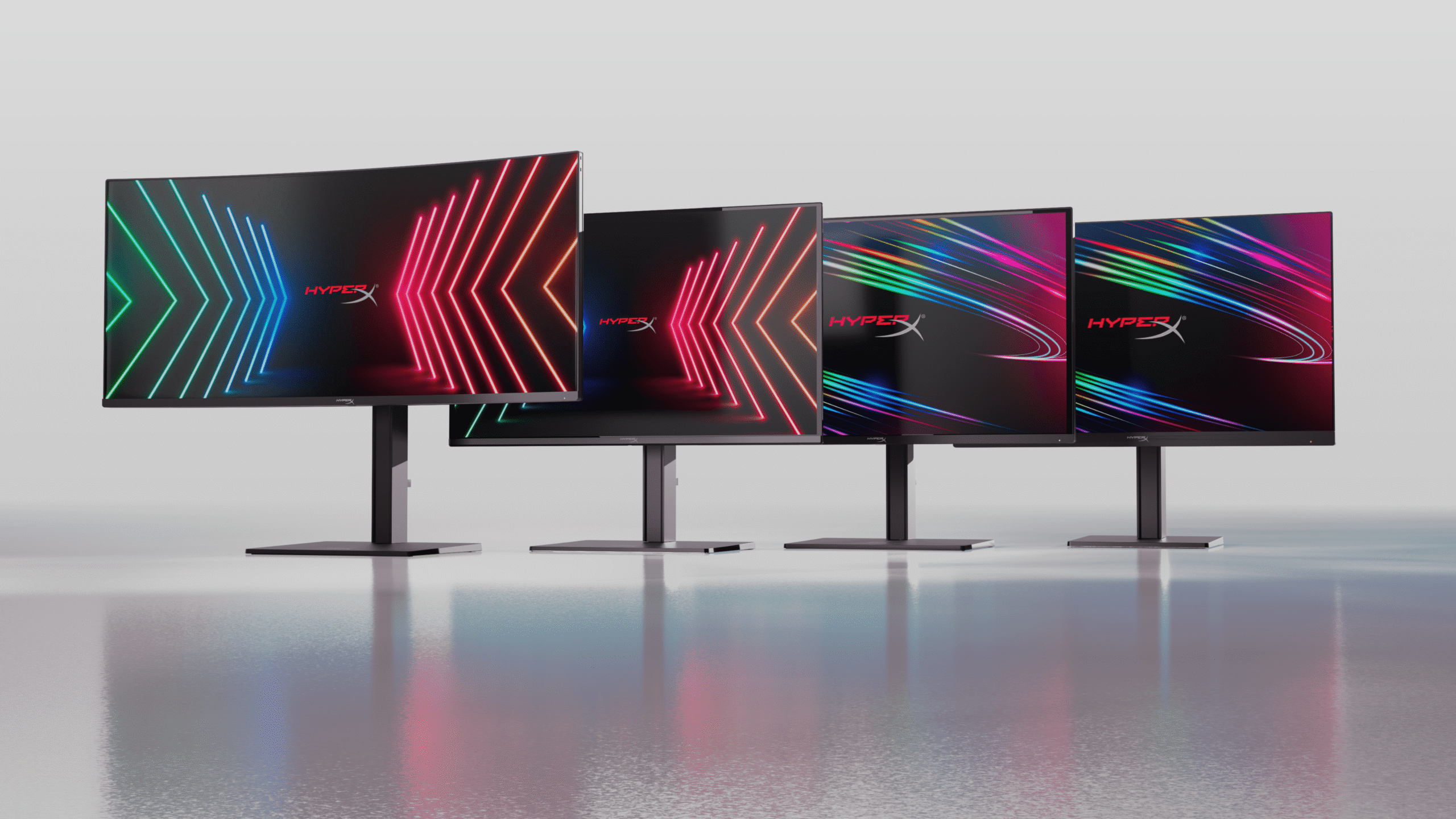 An image showing all of HyperX’s new gaming monitors. From left to right, it starts with the Omen 34 OLED curved model, then the 27qs is shown, followed by the 27q, and finally the Omen G2.