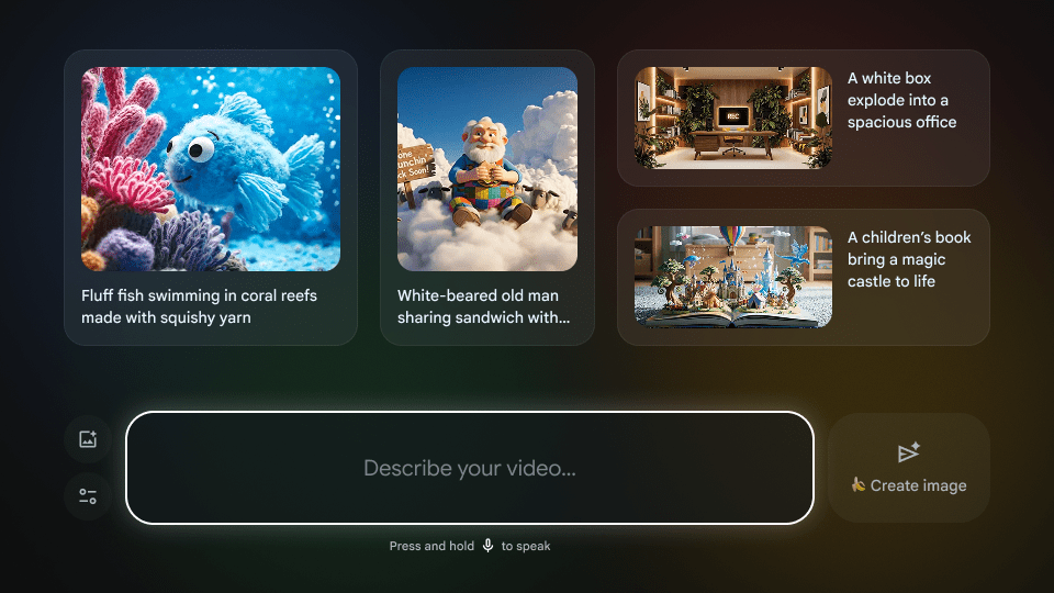 A screenshot of the Google TV interface featuring a field to enter in your own AI-generated video prompt.