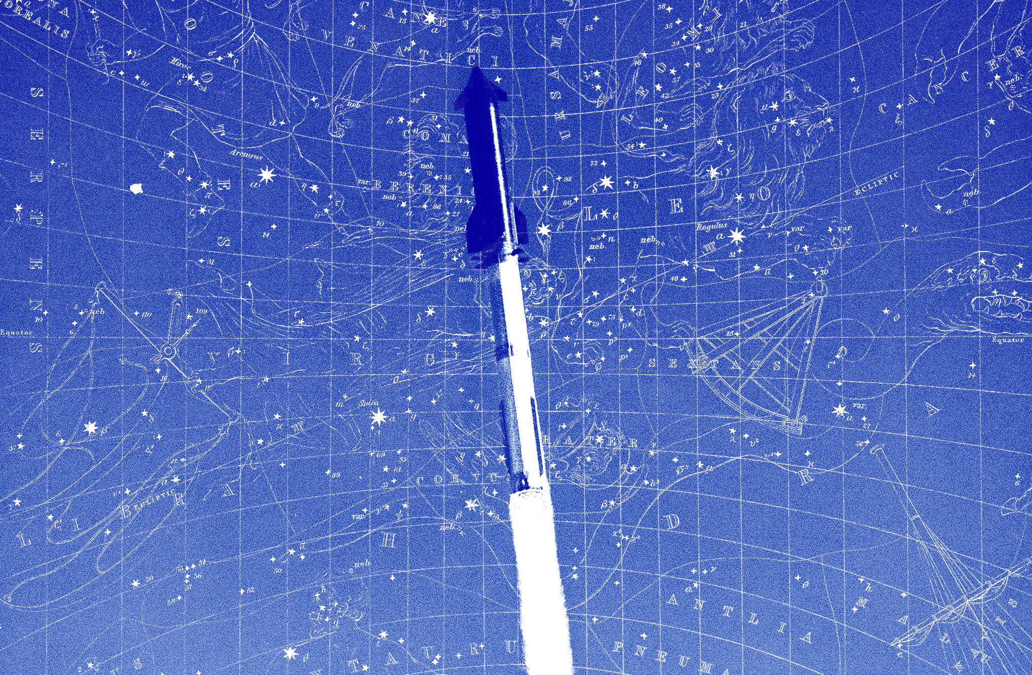Rocket launching with graphic of constellations.