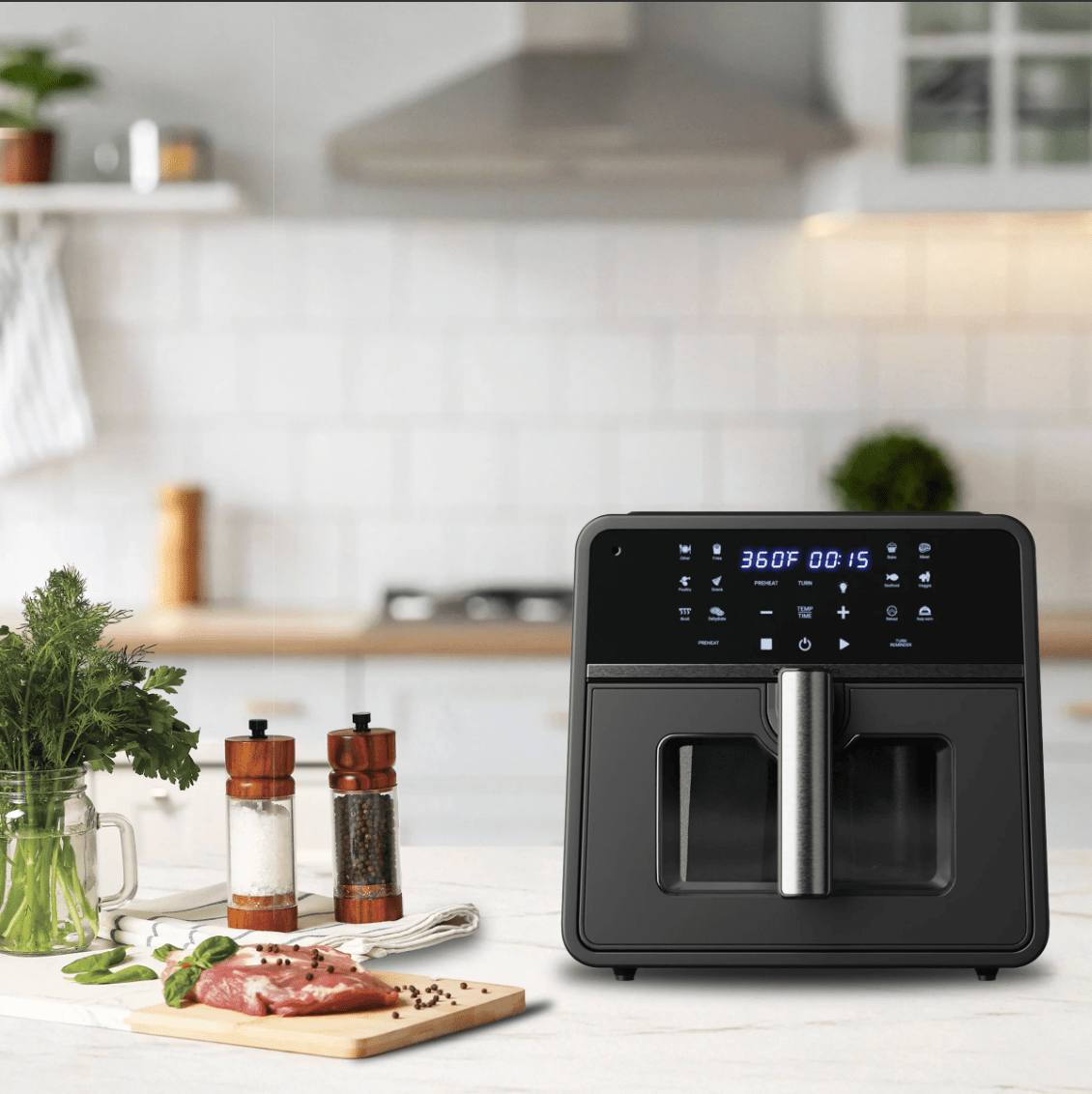 An Emerson SmartVoice fryer on a kitchen counter.