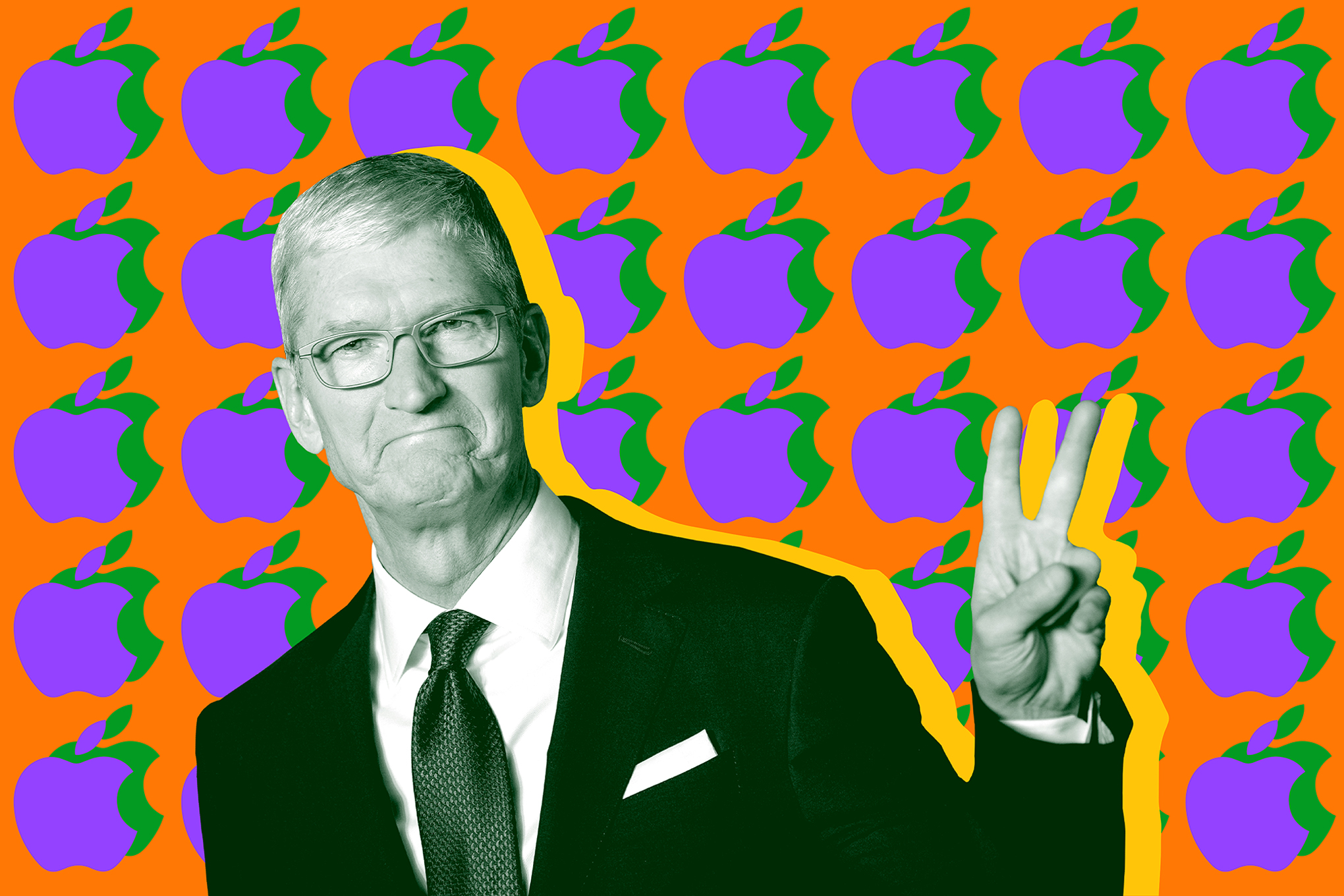 Apple CEO Tim Cook throwing up a peace sign.
