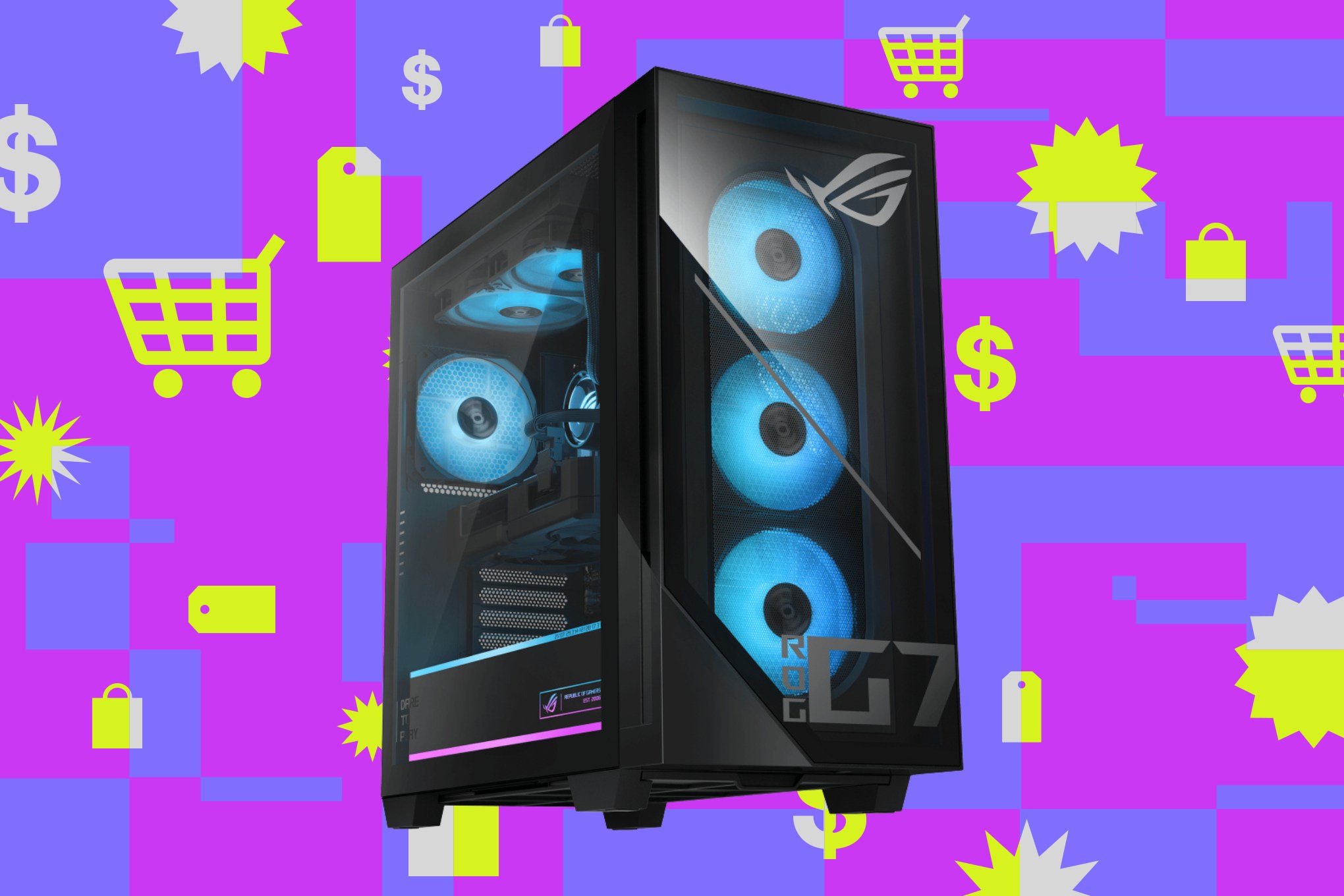 An image of Asus’ ROG GM700 gaming desktop laid over a collage consisting of symbols like price tags, shopping bags, and more.