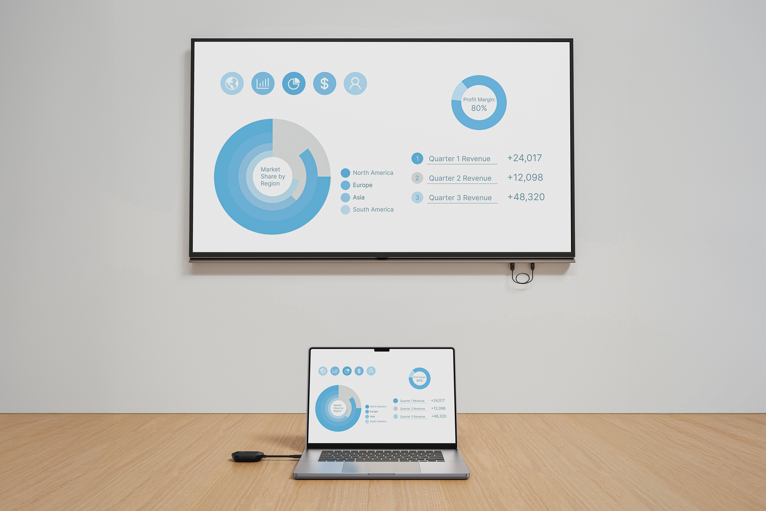 A laptop connected to a wall-mounted TV using the Belkin ConnectAir Wireless HDMI Display Adapter.
