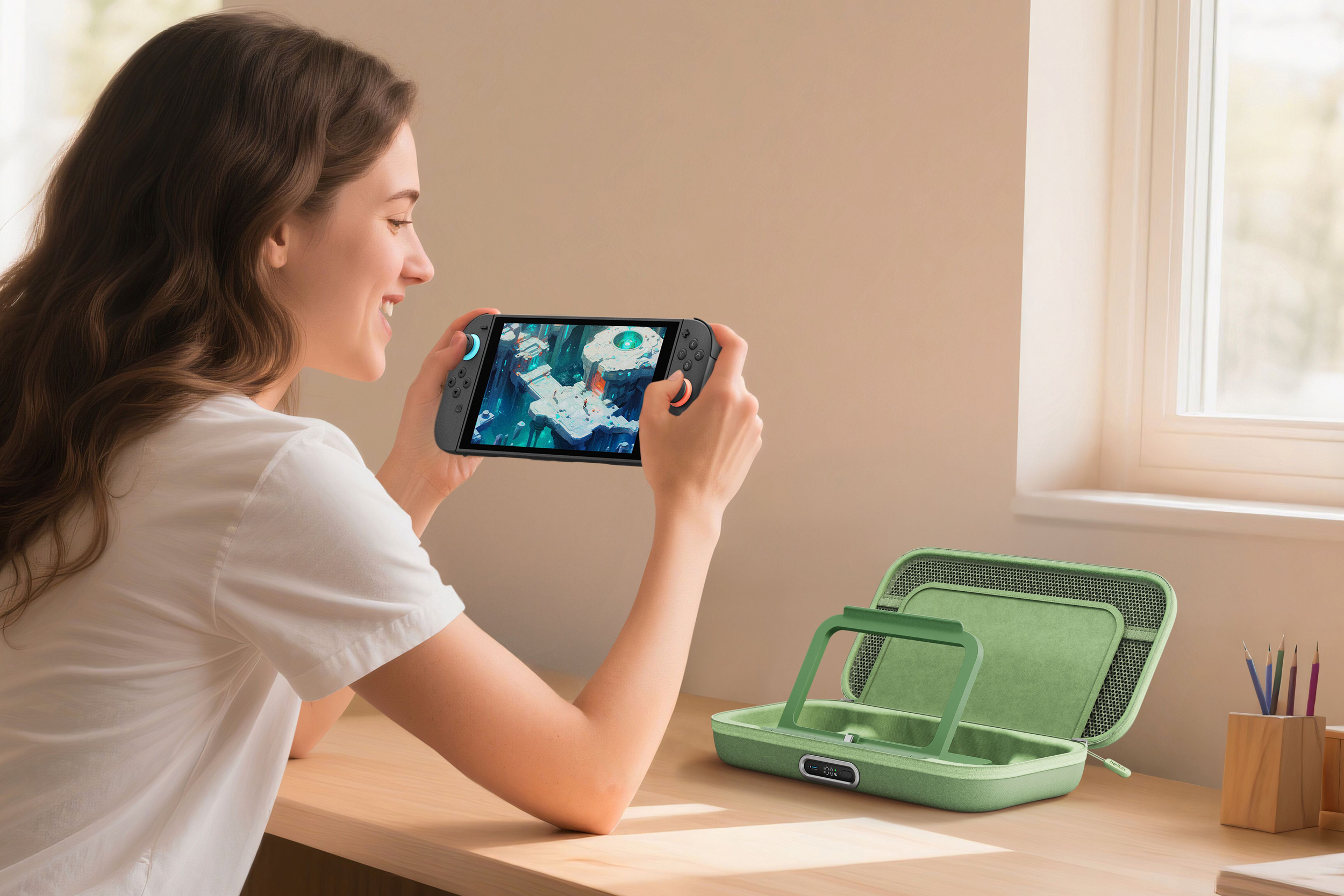 A person plays the Nintendo Switch 2 while the Belkin Charging Case Pro sits open on a desk in front of them.