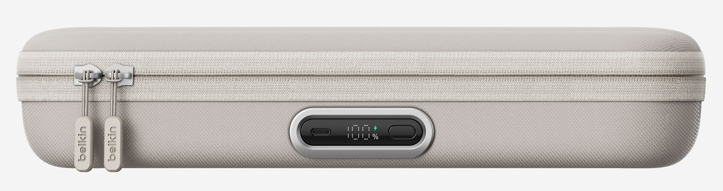 A close-up of the front of Belkin's Charging Case Pro showing its external USB-C port and display.