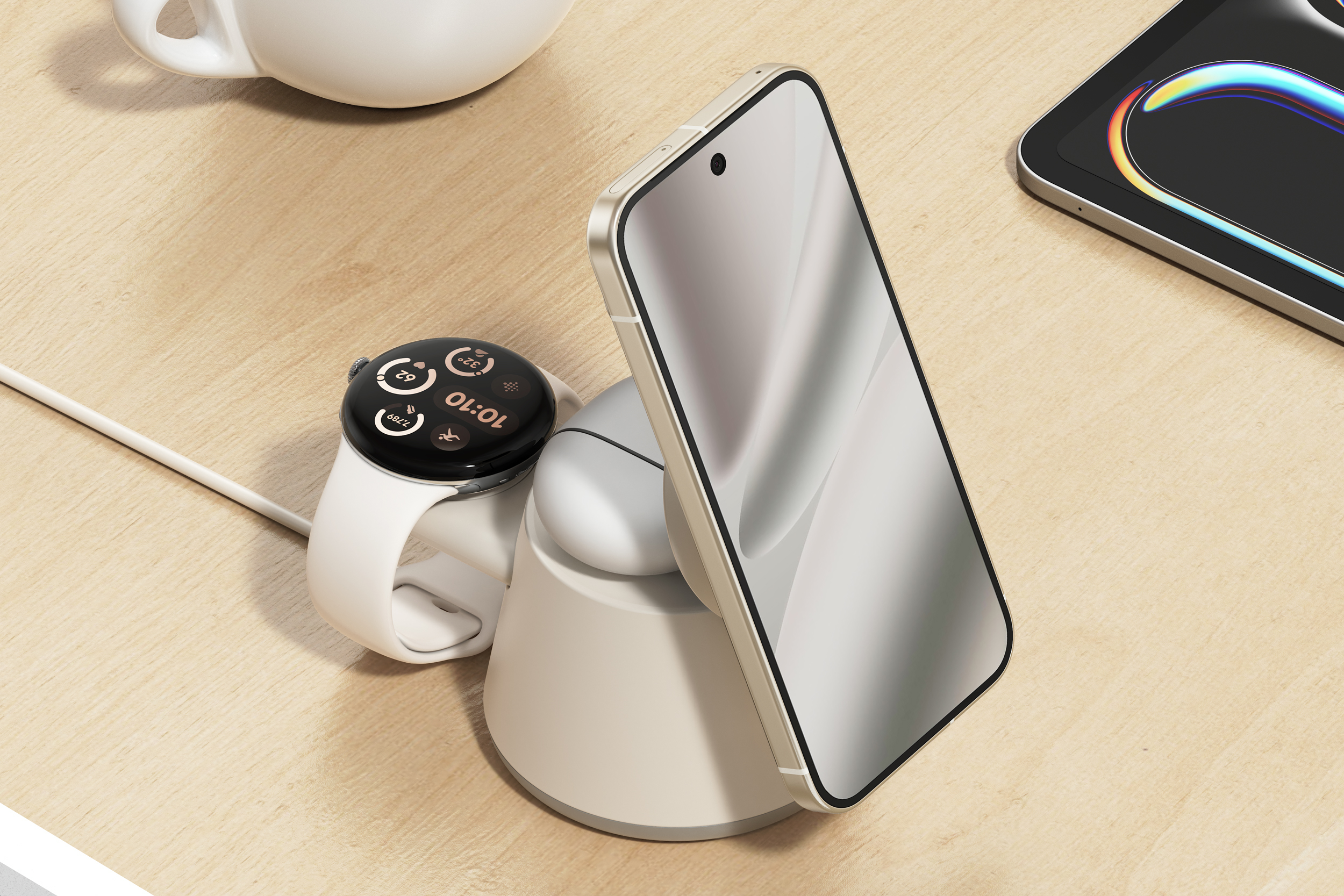 Belkin’s UltraCharge Modular Charging Dock charging a phone, smartwatch, and earbuds.