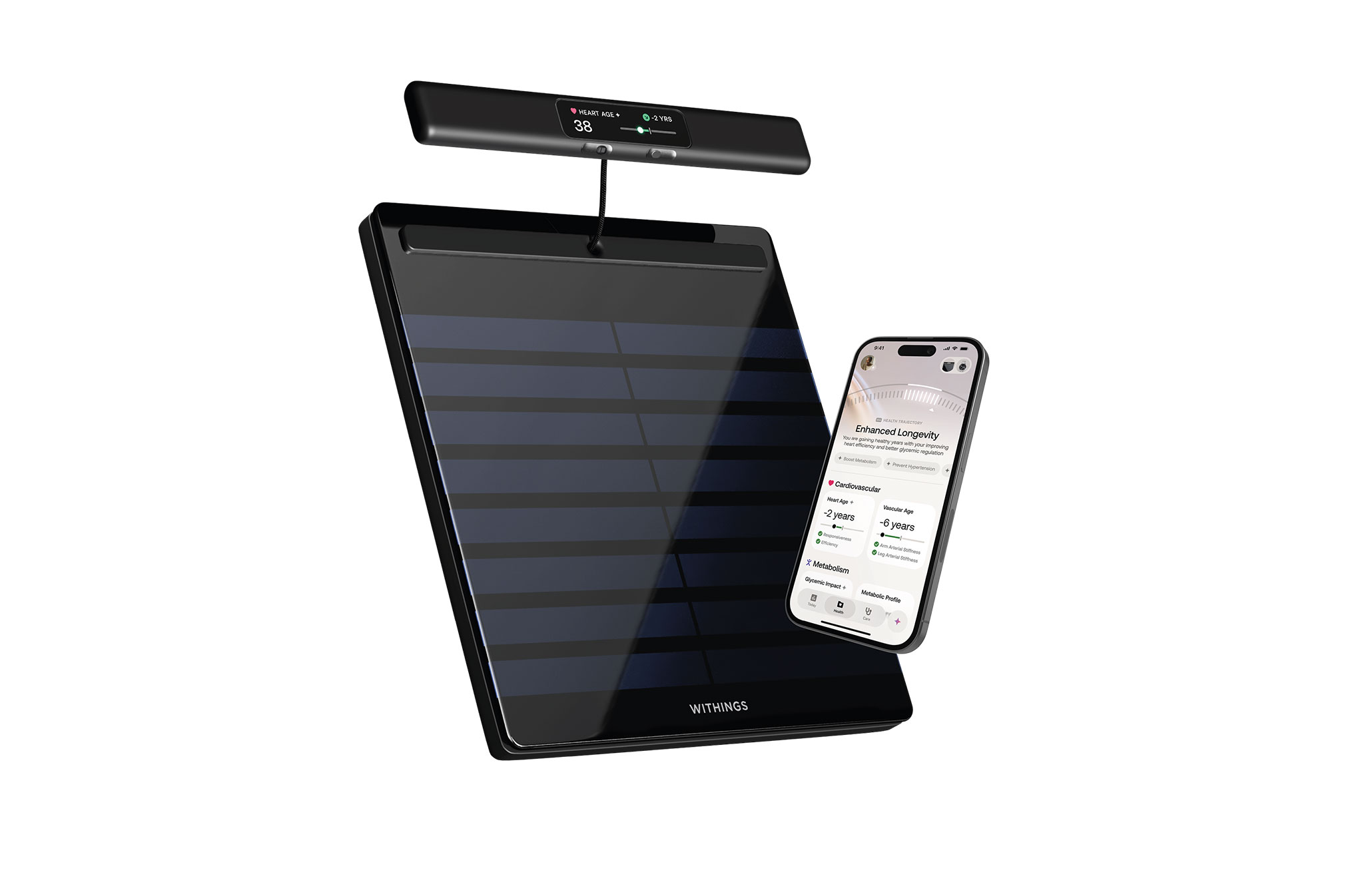 Picture of Withings Body Scan 2 scale in dark blue color with Withings app showing longevity metrics.