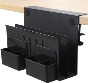 Black holder for laptops and other things clamped to the side of a desk