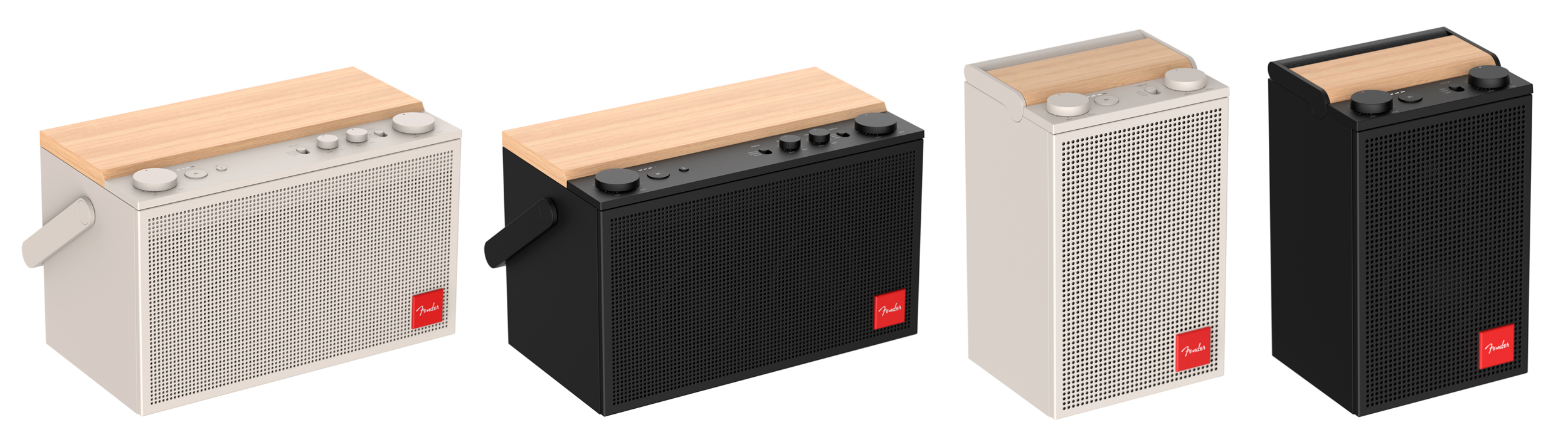 Four Fender Audio ELIE speakers lined up in two sizes and color options. Four Fender Audio ELIE speakers lined up in two sizes and color options.