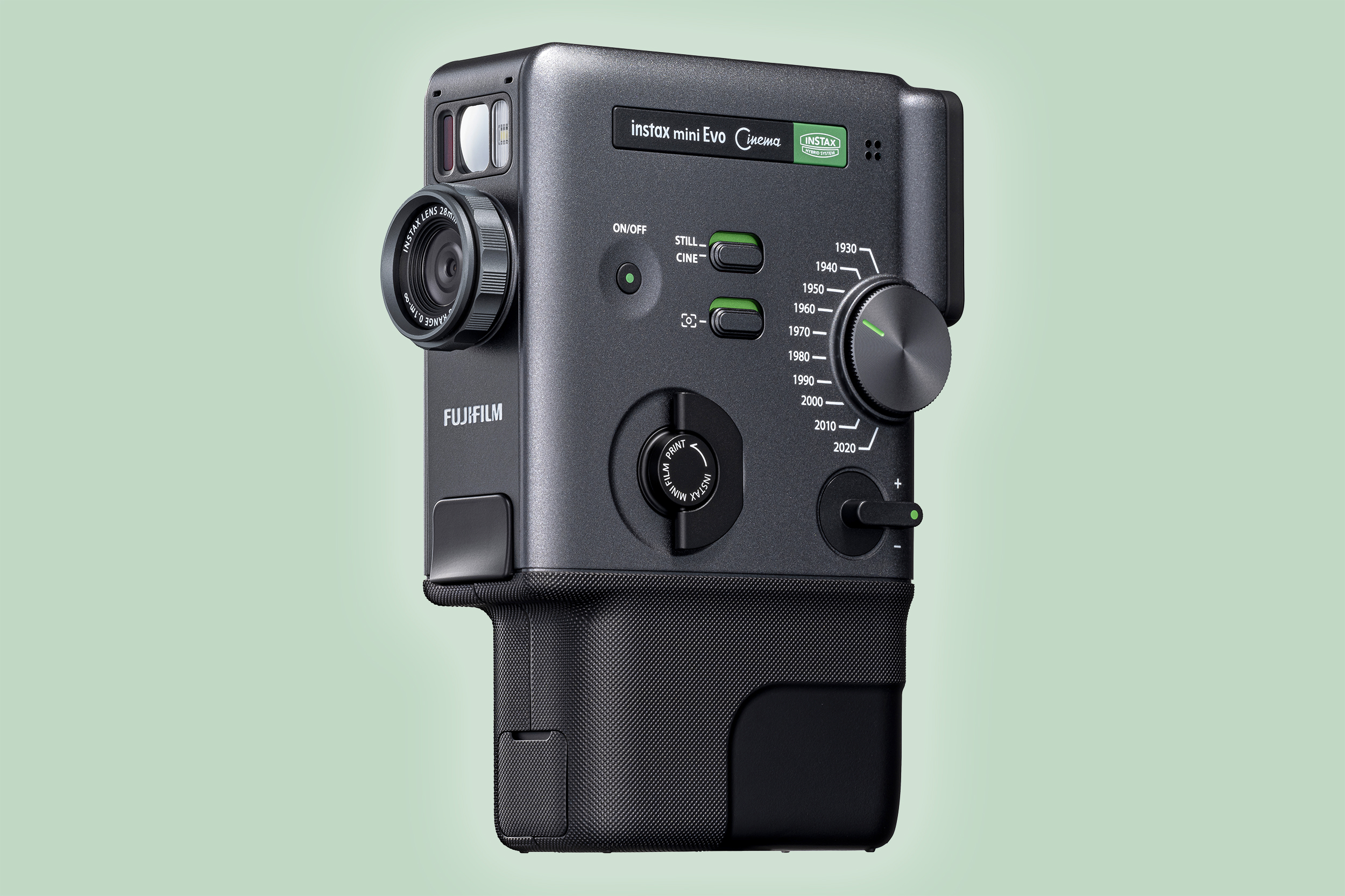 The Fujifilm Instax Mini Evo Cinema hybrid instant camera showing its unique effects settings dial on the side.