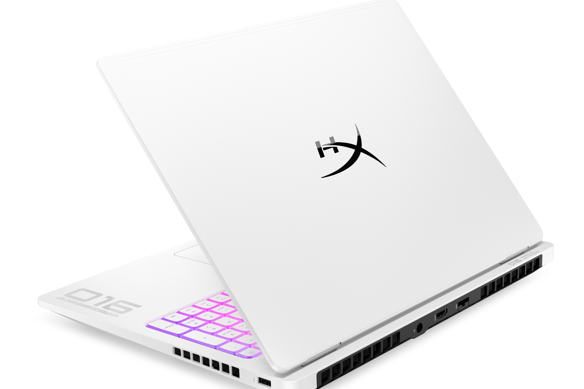 An image showing the back of the HyperX Omen Max 16 gaming laptop, clad in white plastic.