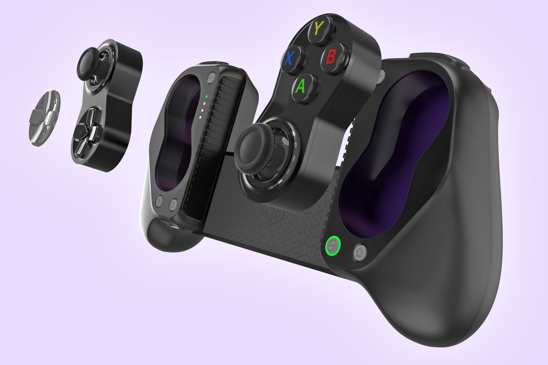 The Hyperkin GameSir X5 Alteron controller with its button modules removed.
