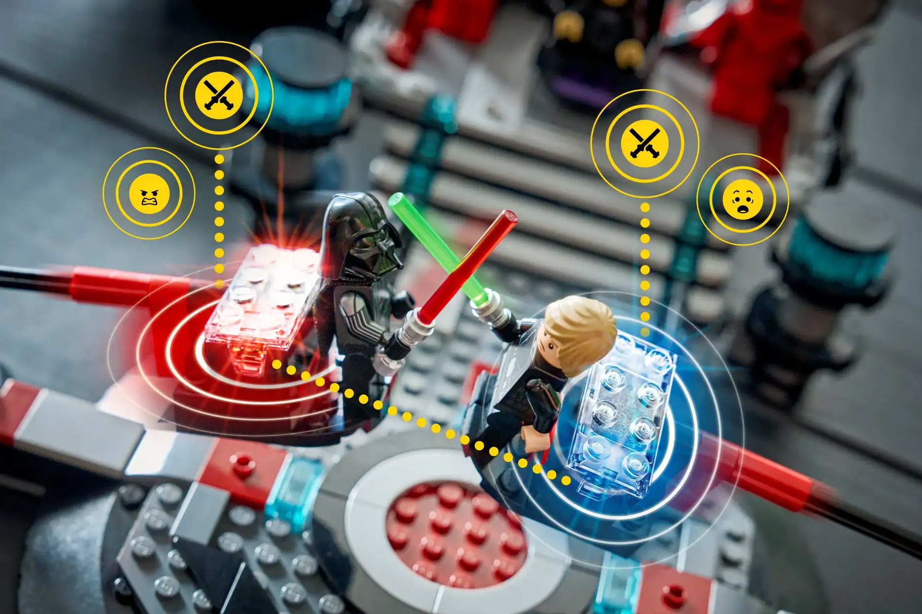 Lego Darth Vader and Luke Skywalker figures fight with lightsabers alongside Lego’s new Smart Brick.
