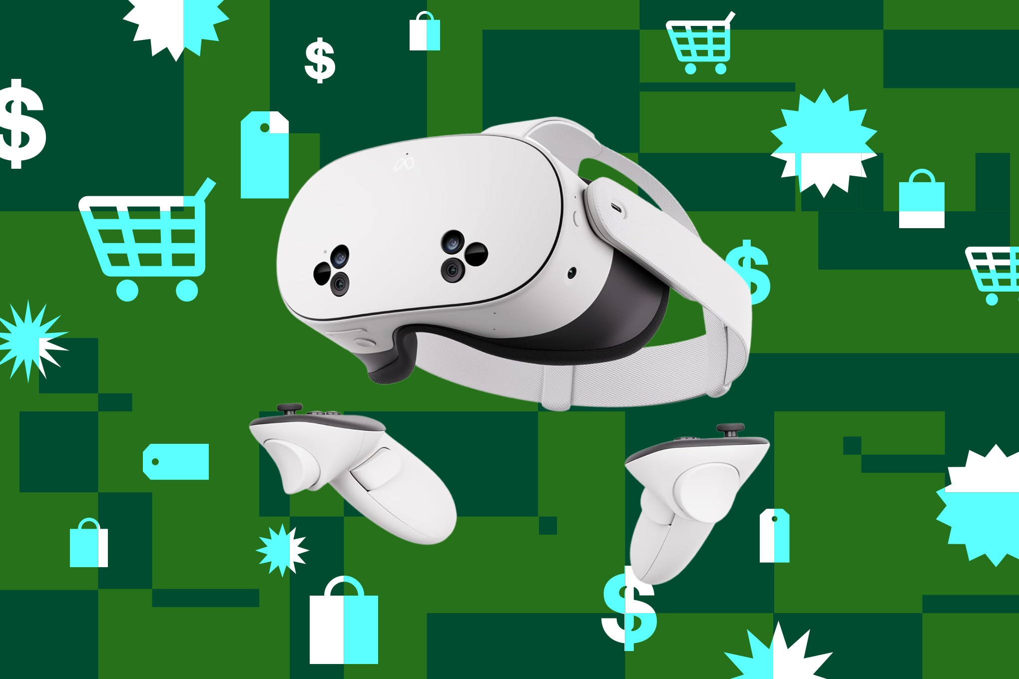 An image of the Meta Quest 3S on a background collage consisting of shopping cart, price tag, and US currency symbols.