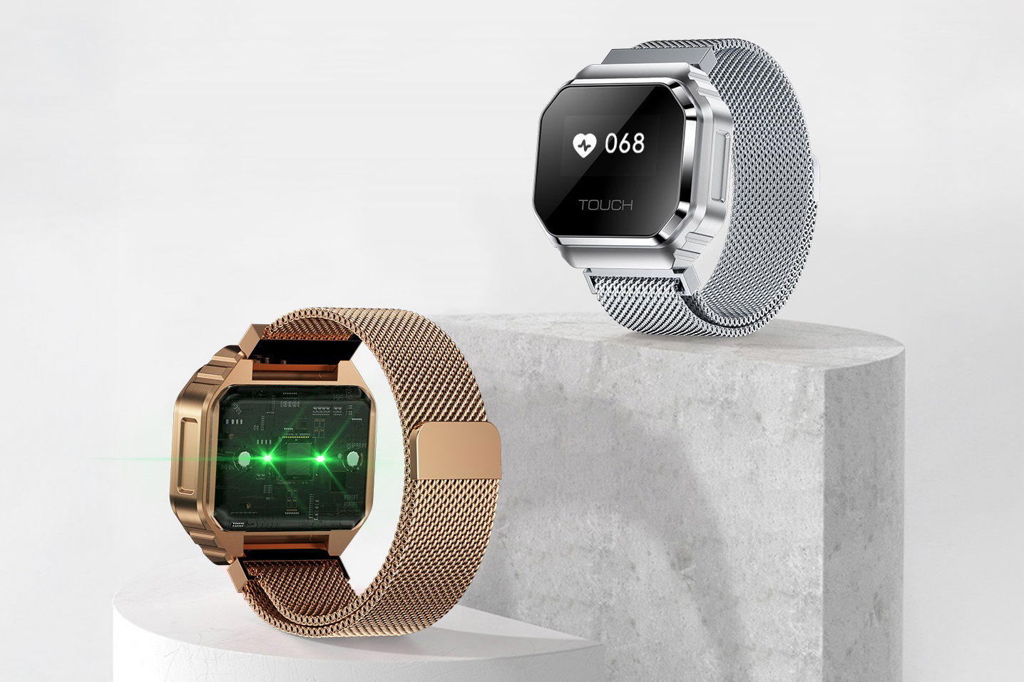 The Rogbid Fusion smart ring watch shown on marble displays in gold and silver.