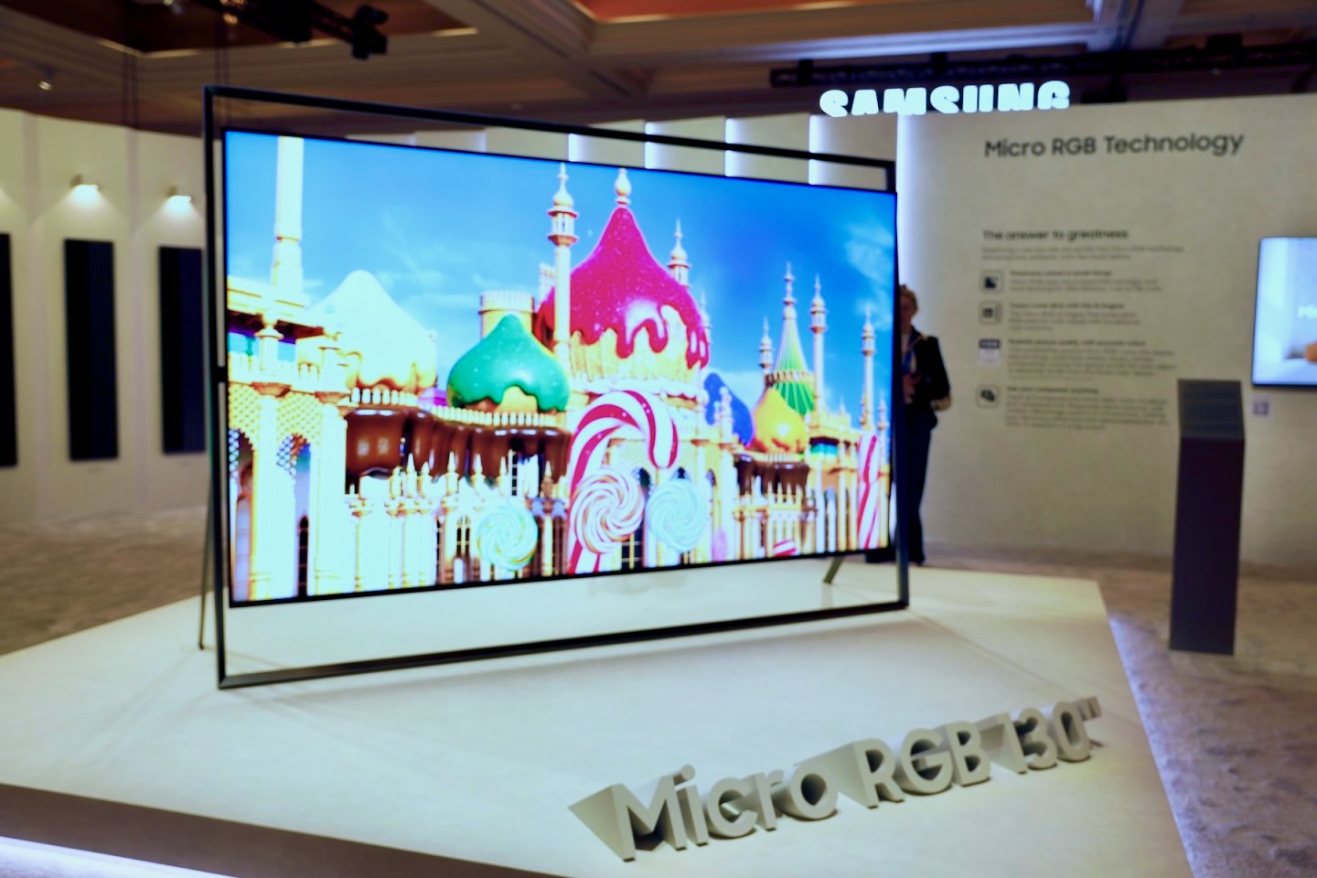 The 130-inch Samsung R95H Micro RGB displaying the Parthenon at CES 2026.