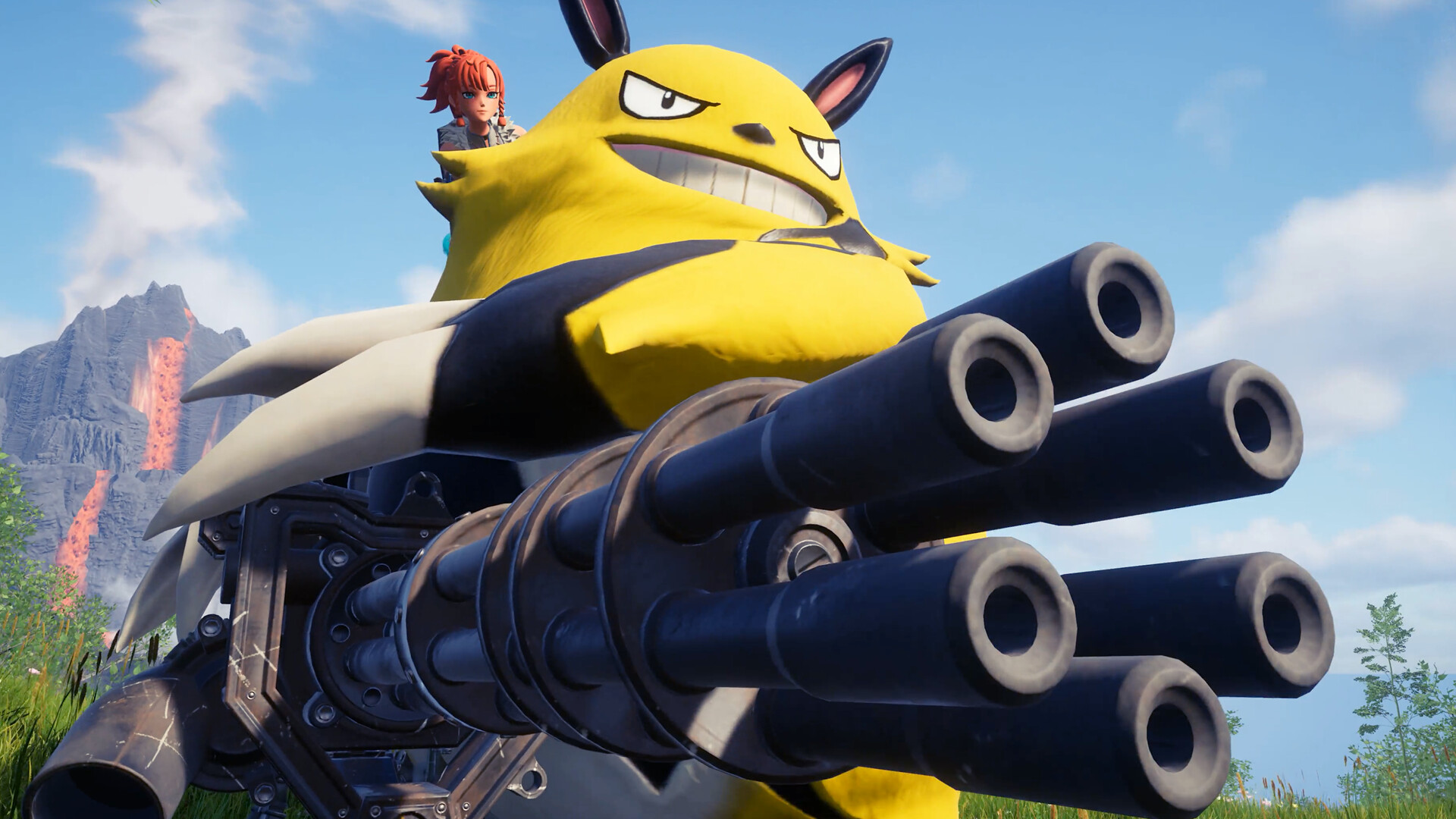 A Palworld screenshot depicting a large yellow cat-like creature carrying a gatling gun.