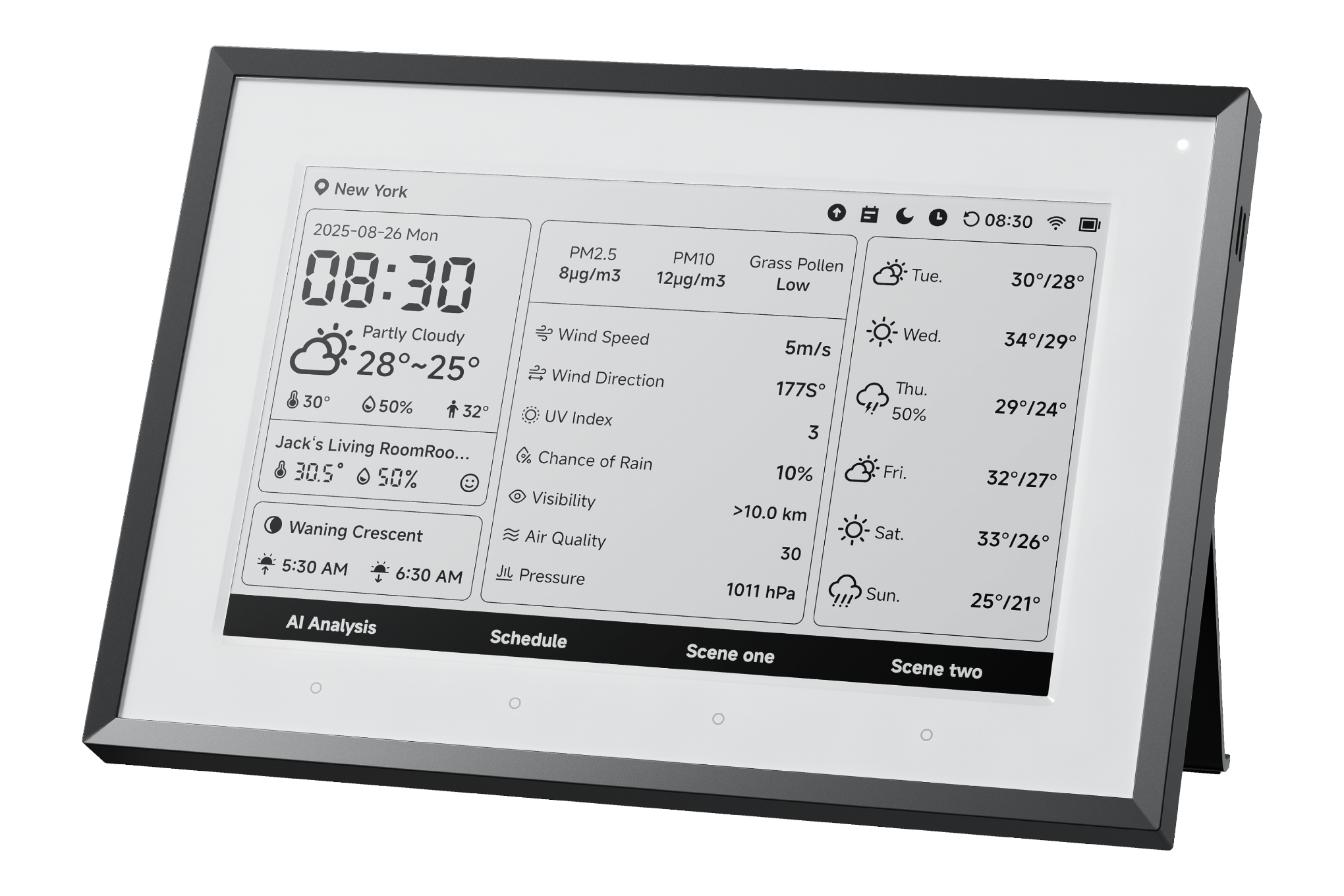 An image showing the SwitchBot Weather Station that displays numerous weather-based stats on its 7.5-inch E Ink screen.