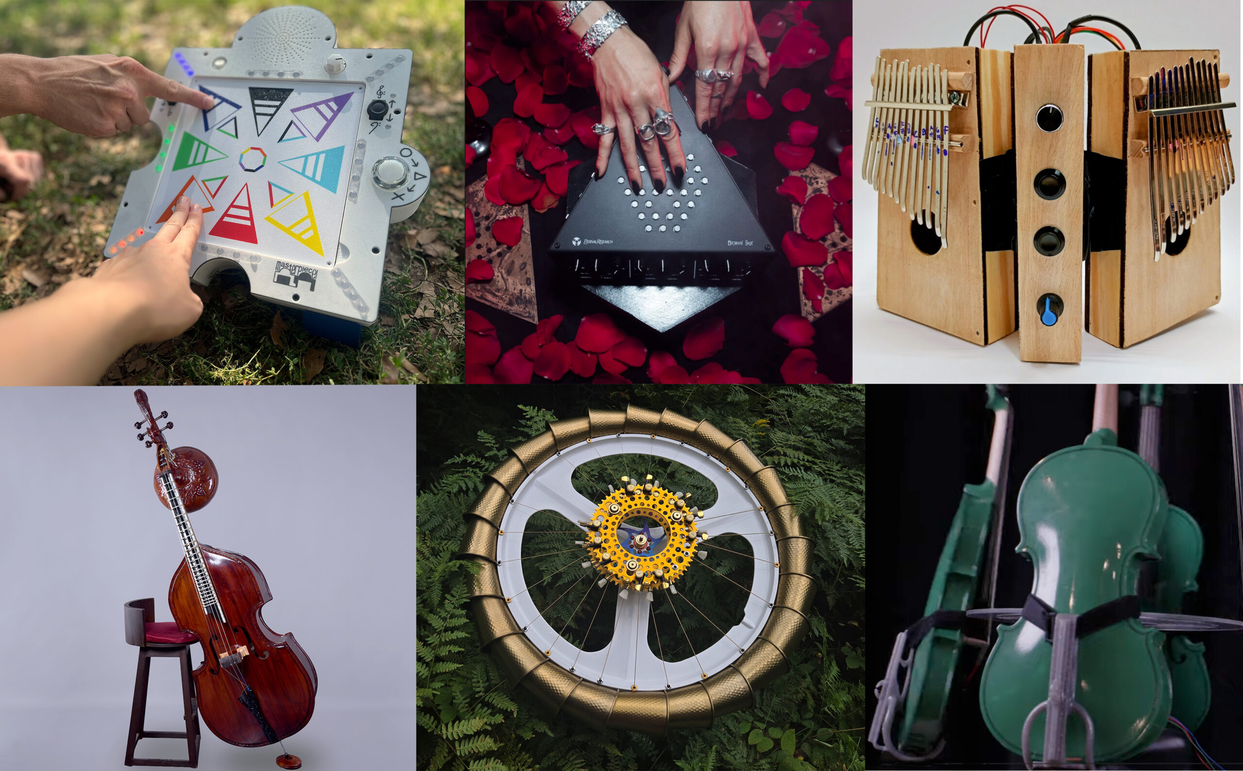 A collage of finalists in the 2026 Guthman Musical Instrument Competition, including Fiddle Henge, a playable henge of fiddles.