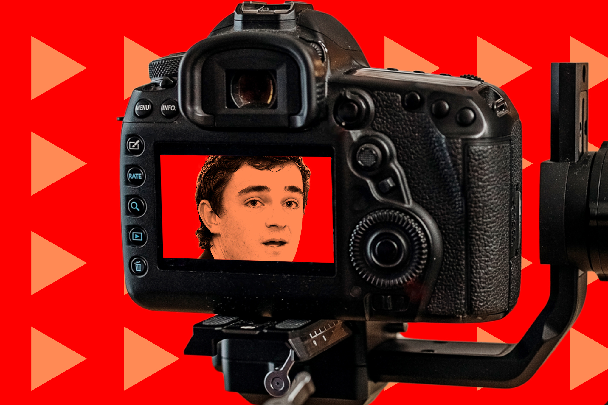 Illustration of rght wing influencer Nick Shirley’s face with a camera surrounding him.