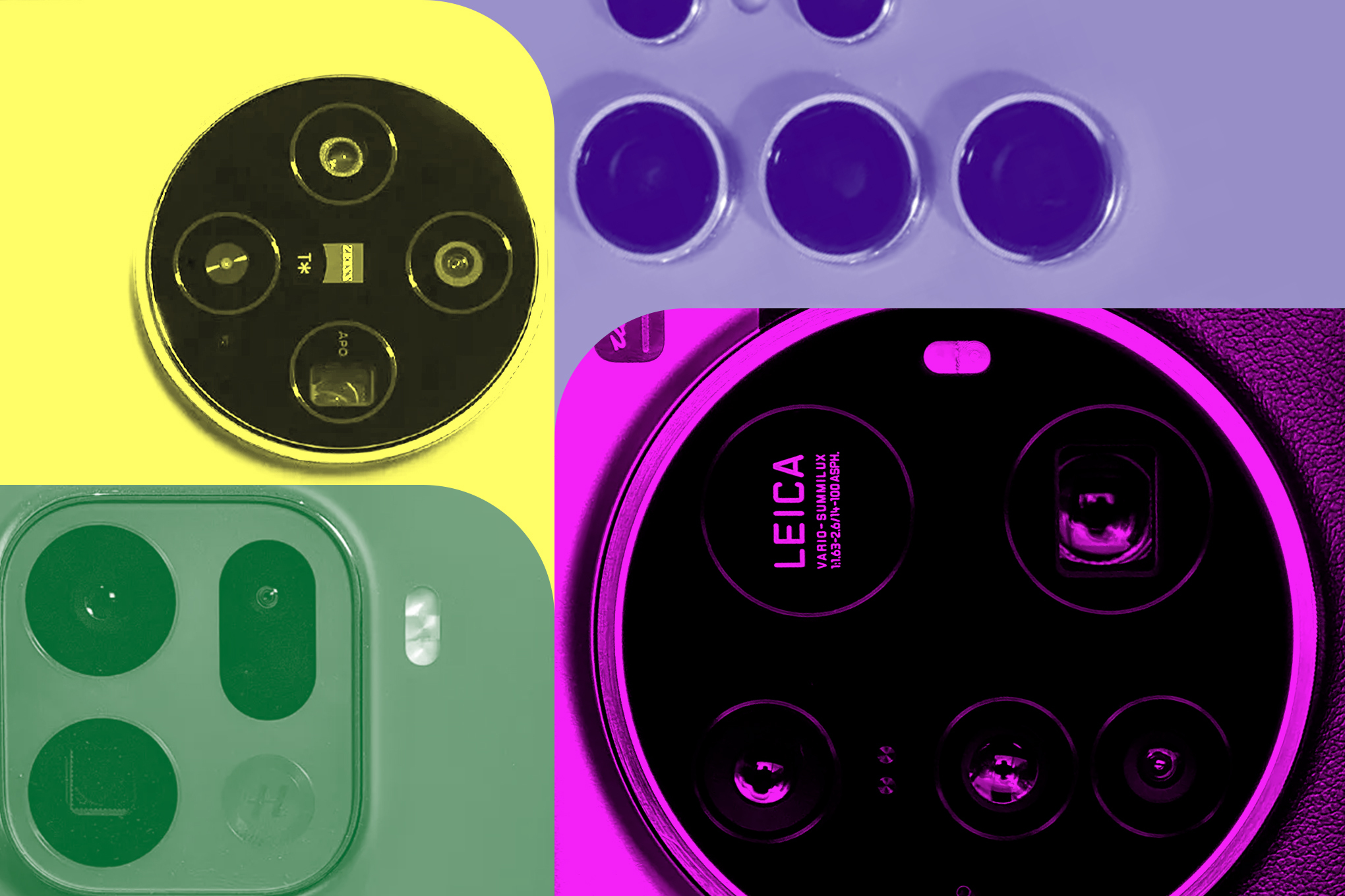 A collage of phone camera lenses