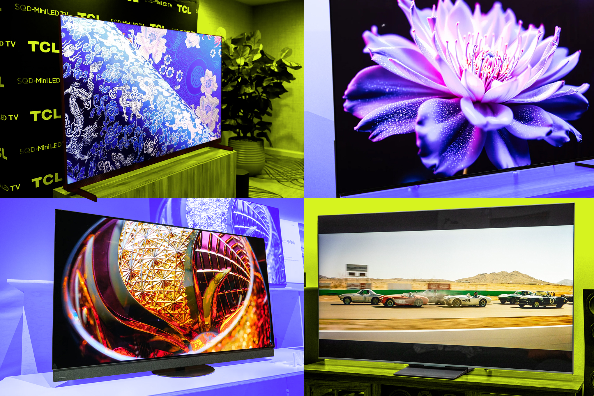 TVs from TCL, Sony, LG, and Panasonic on green and blue tinted backgrounds.