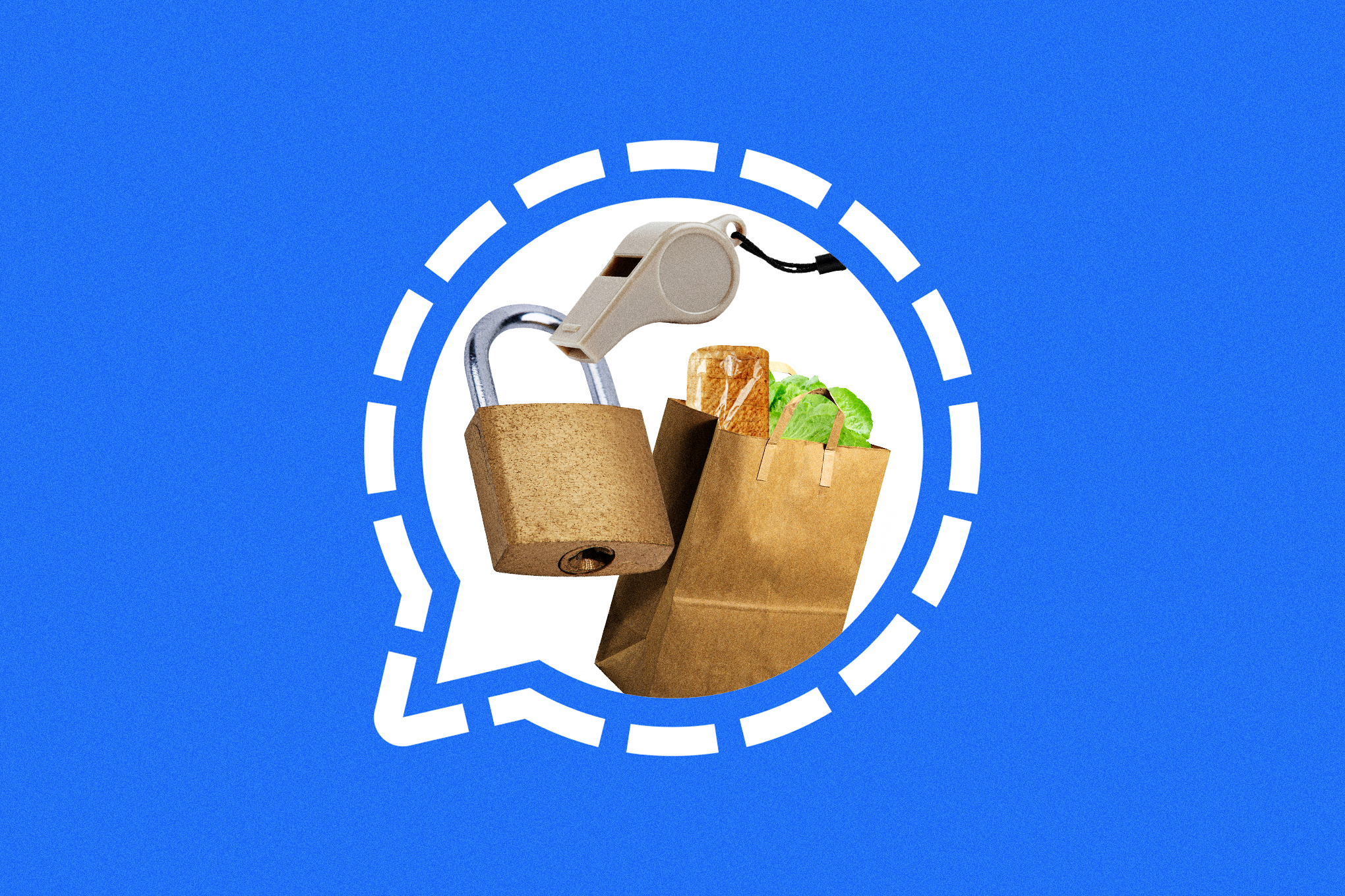 The Signal messaging app logo with a lock, whistle, and grocery bag inside it