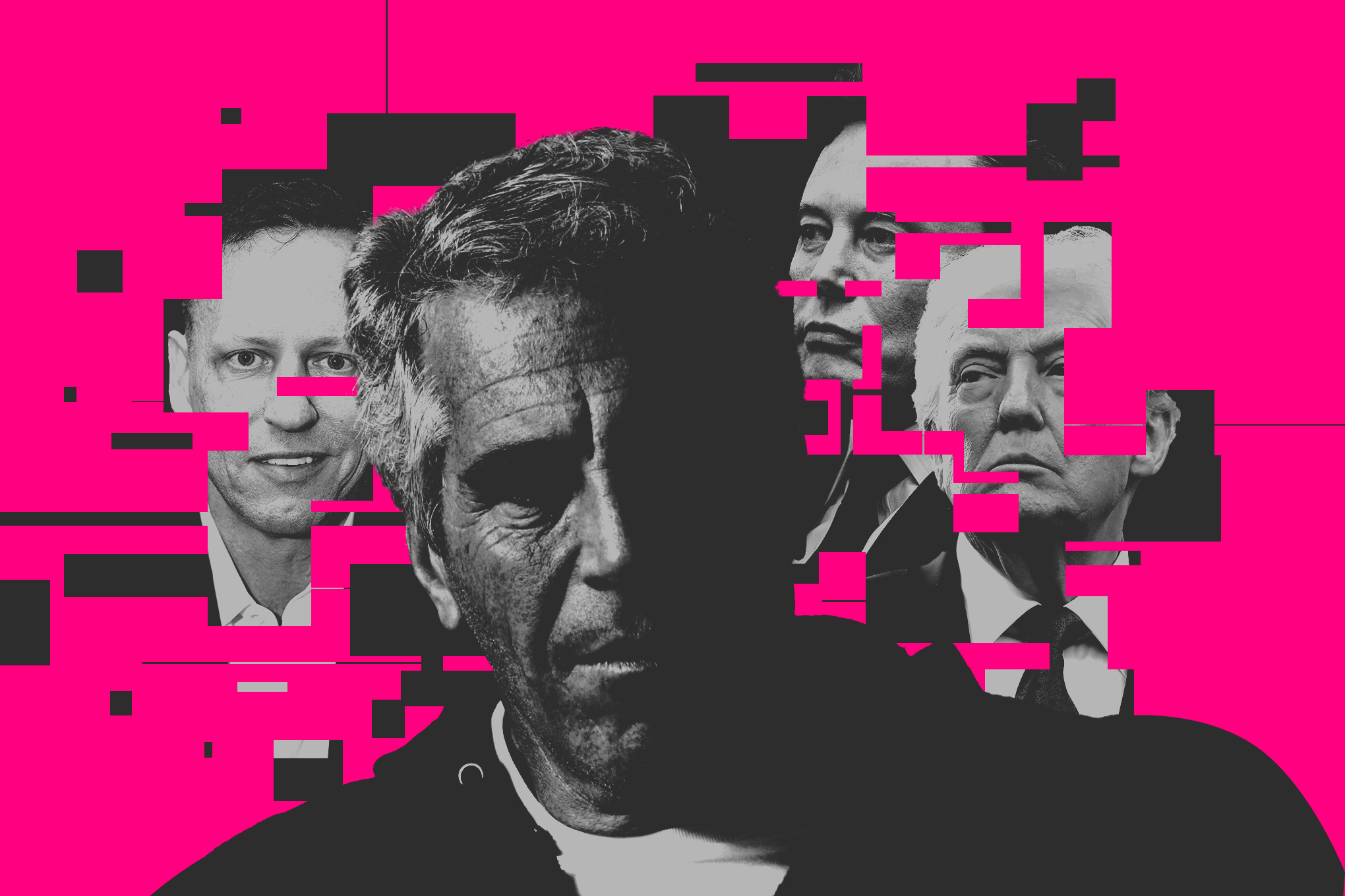 An image of Jeffrey Epstein with a file redacted behind him. Peeking through the redactions are Donald Trump, Elon Musk, and Peter Thiel