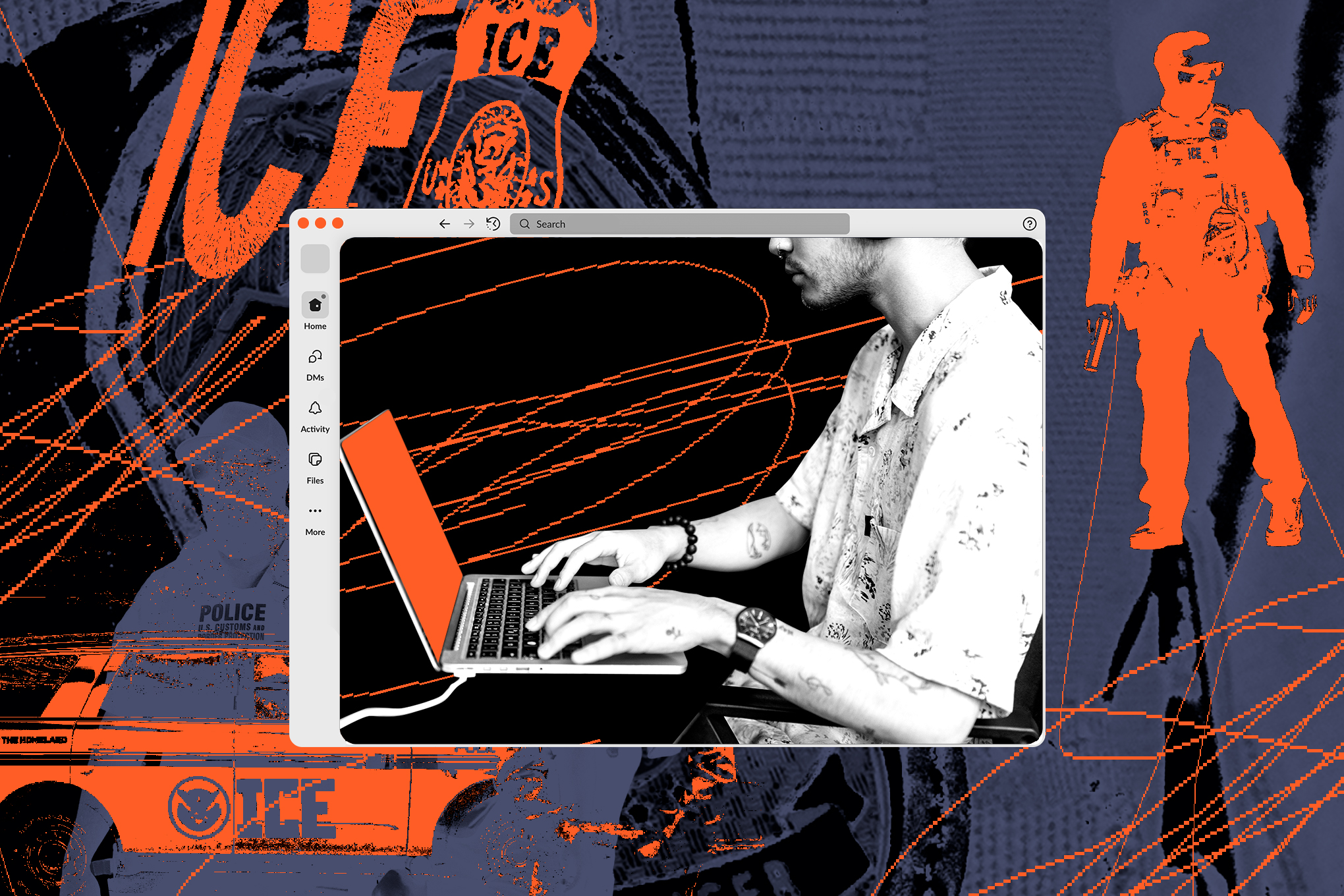 Digital collage of a tech worker in a Slack window surrounded by imagery of ICE and CPB law enforcement.