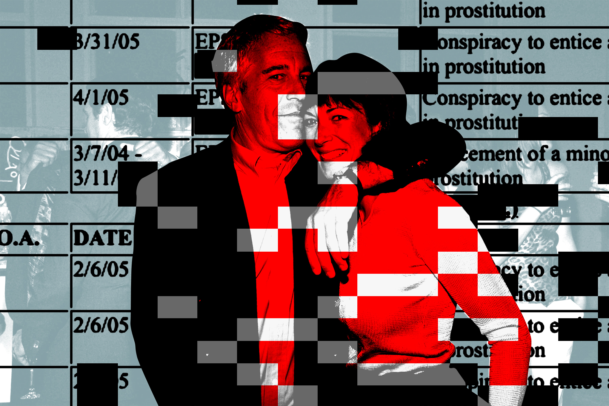Jeffrey Epstein and Ghislaine Maxwell with pixelated illustrations surrounding them.