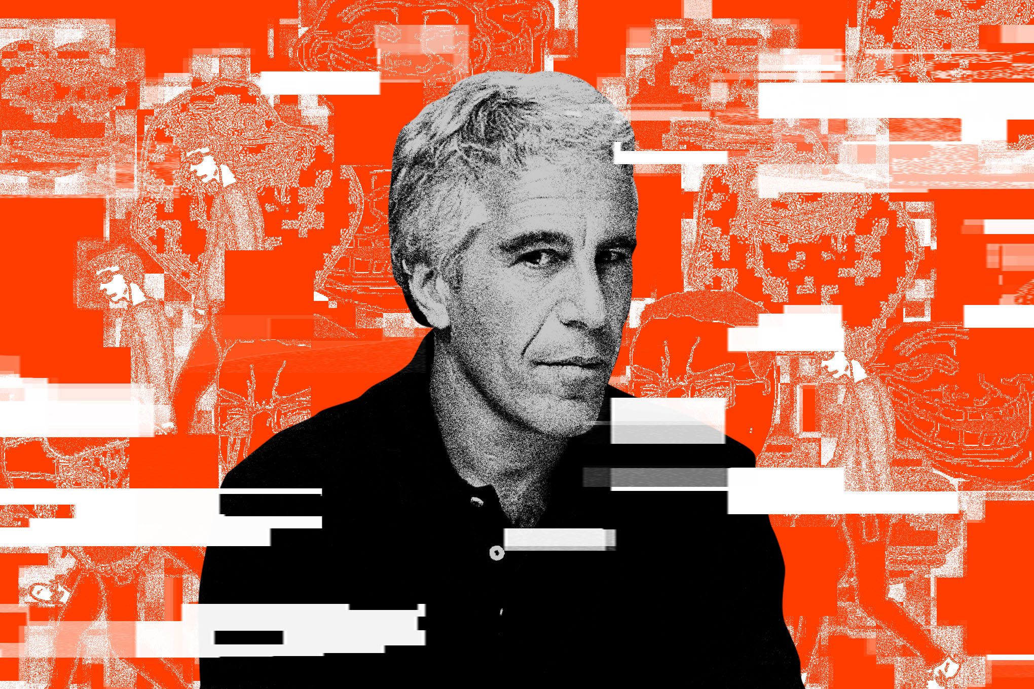 Jeffrey Epstein on a red background with white glitches surrounding him