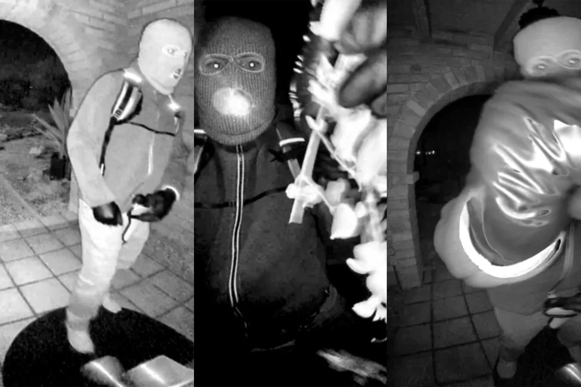 black-and-white night vision photos taken from a doorbell camera showing a masked and gloved intruder on a doorstep. The first image is a full-body shot and the third shows the intruder reaching for the camera with a gloved hand.
