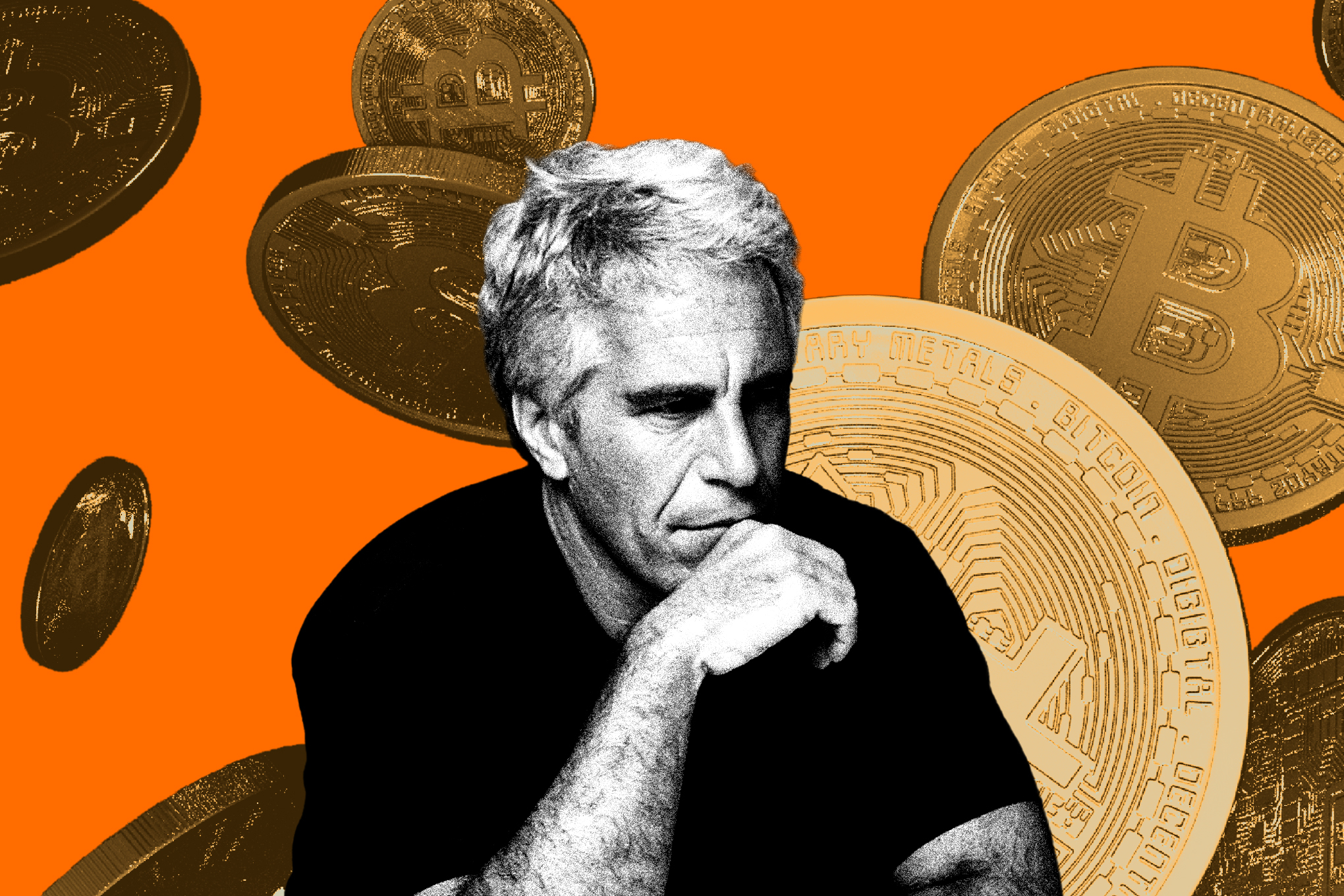 An image of Jeffrey Epstein looking pensive in front of a falling wave of bitcoins