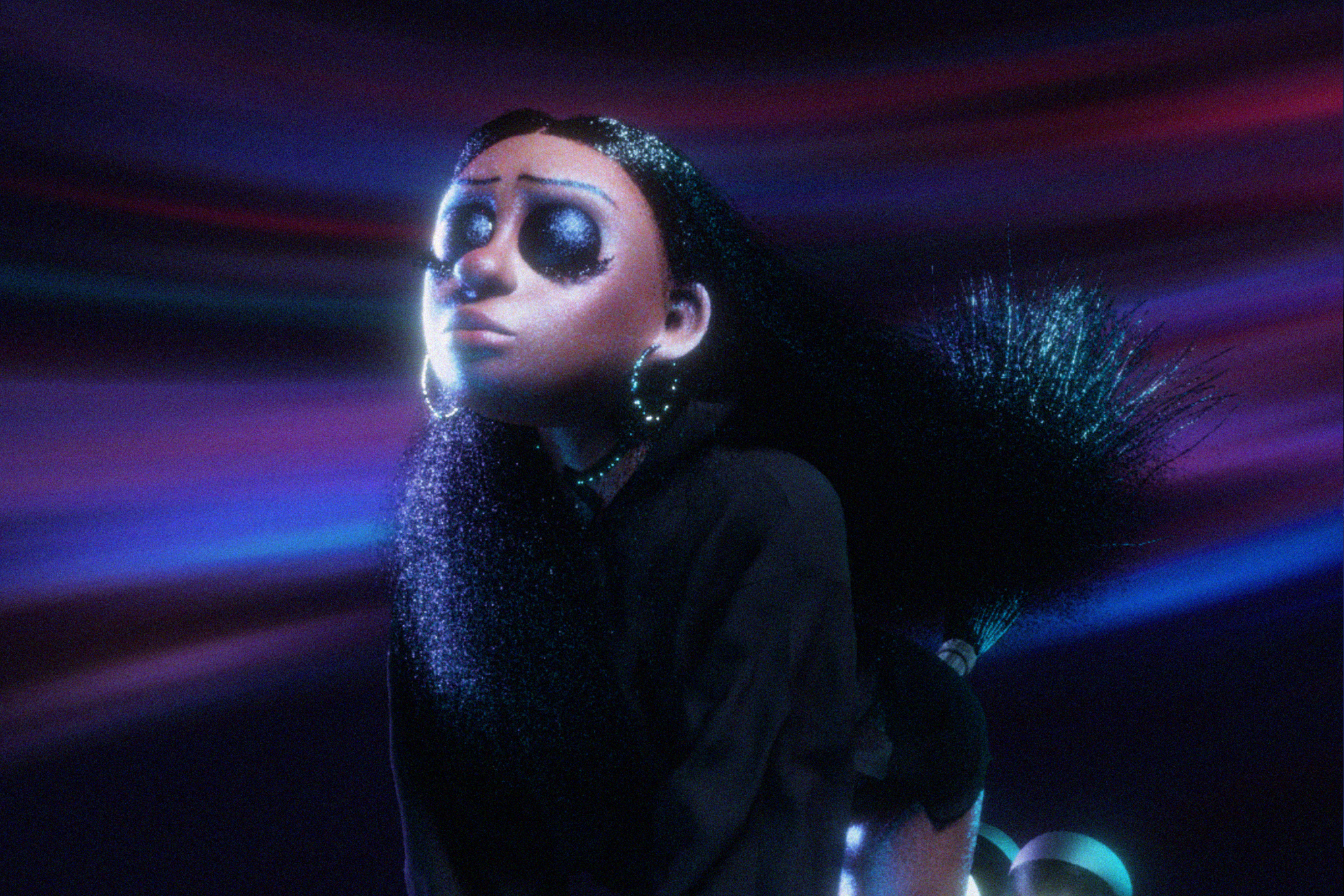 A dark skinned female character riding a broomstick.