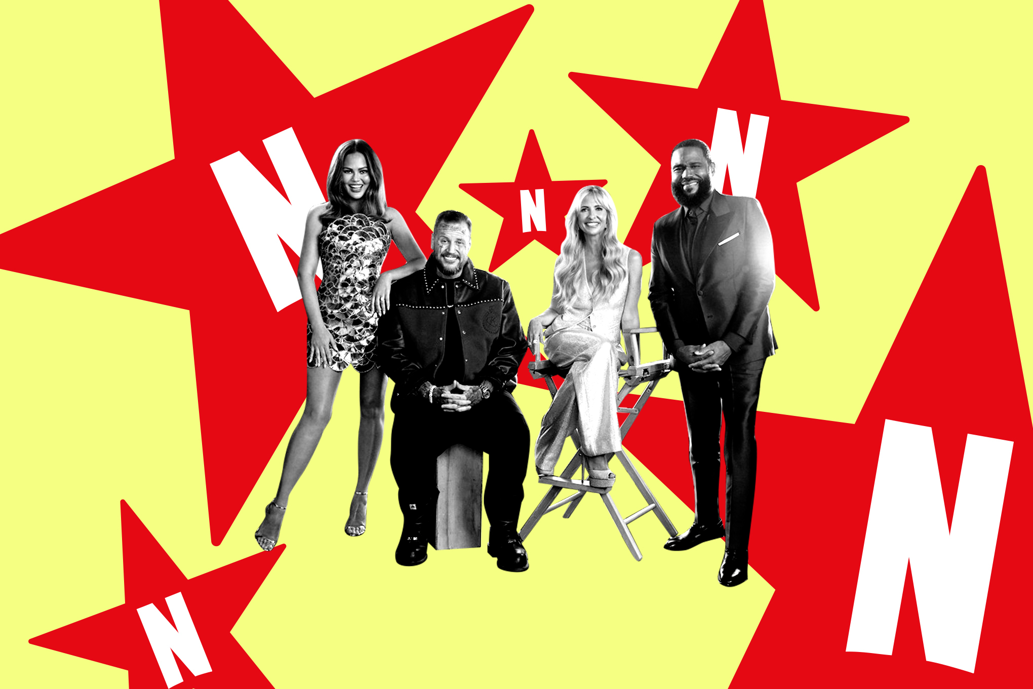 Chrissy Teigen, Jelly Roll, Sara Michelle Gellar, and Anthony Anderson in front of red Netflix stars. 